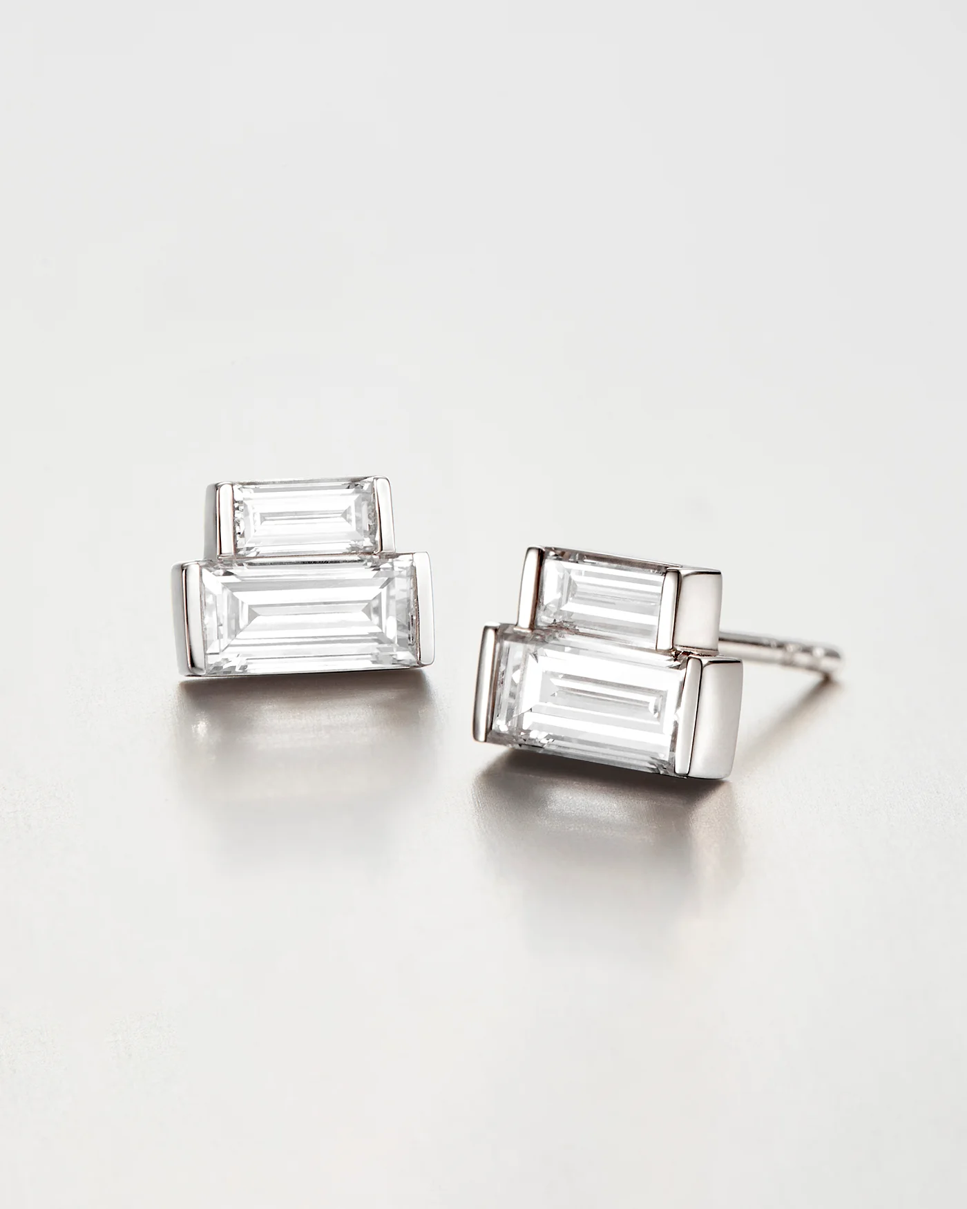 14K Stacked Baguette Diamond Stud Earrings - 1
