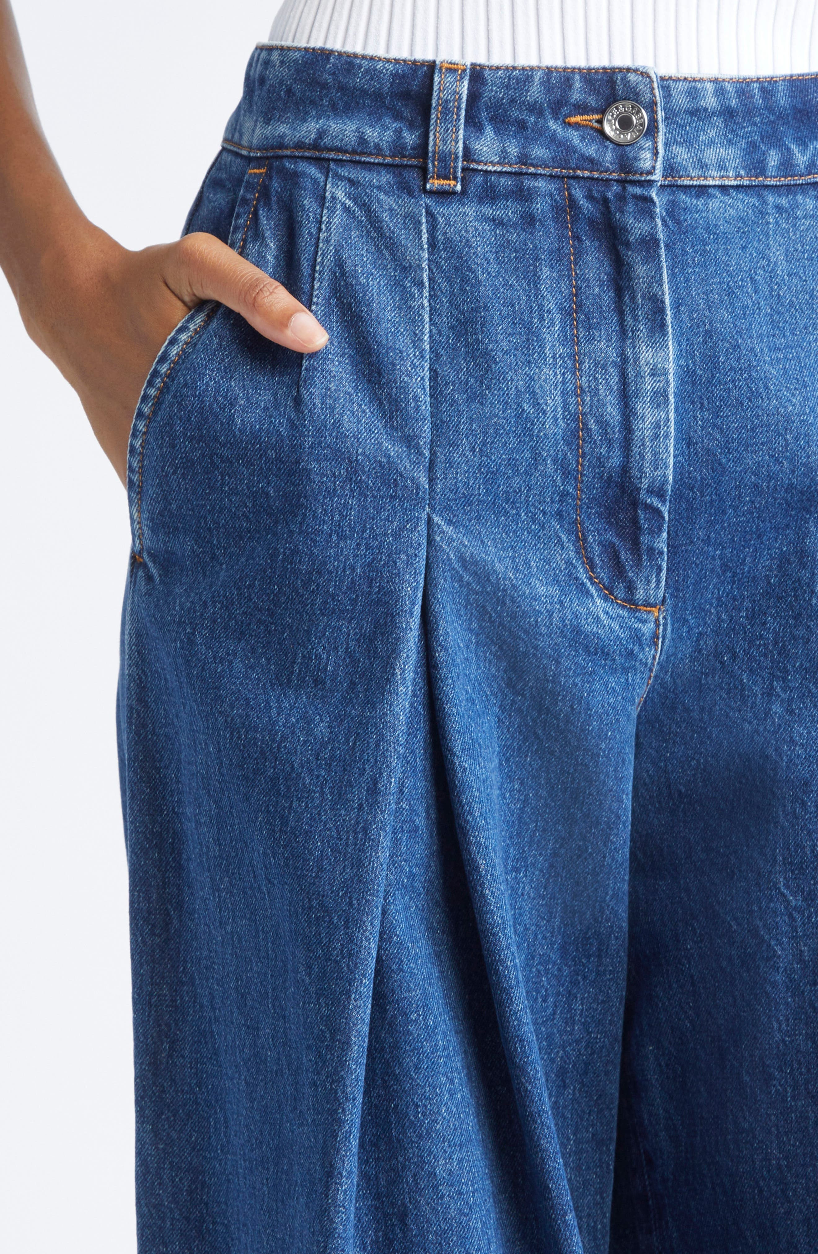 Dolce&Gabbana Pleated High Waist Wide Leg Denim Trousers in S9001 Blue at Nordstrom - 5