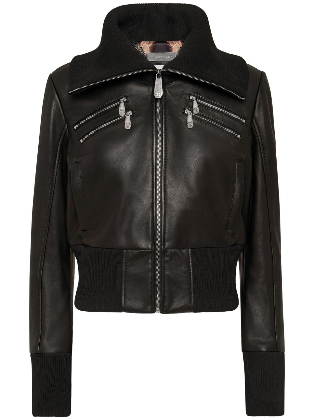 knitted-collar zipped leather jacket - 1