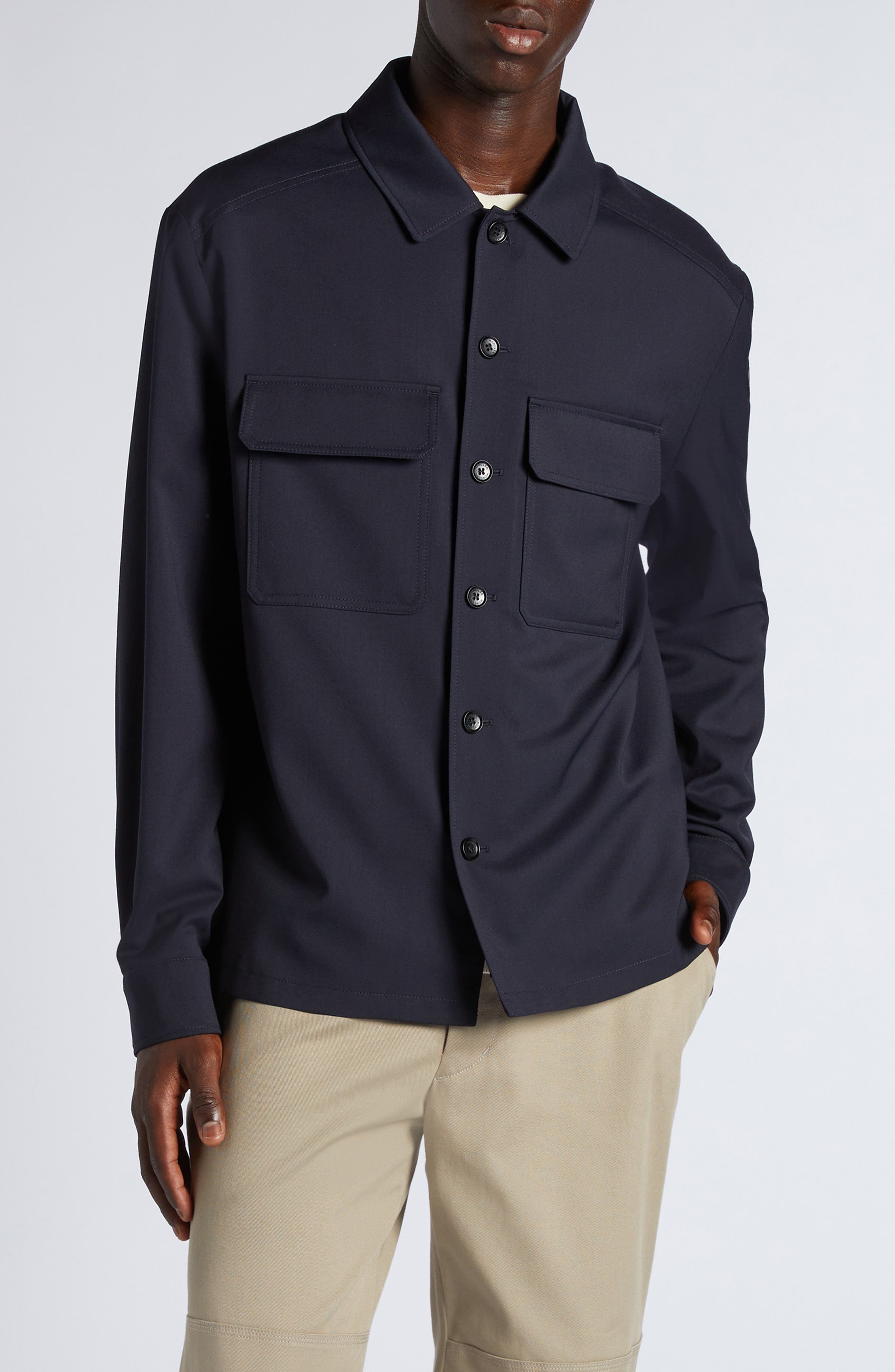 Moncler Stretch Virgin Wool Blend Overshirt in Deep Indigo at Nordstrom - 1