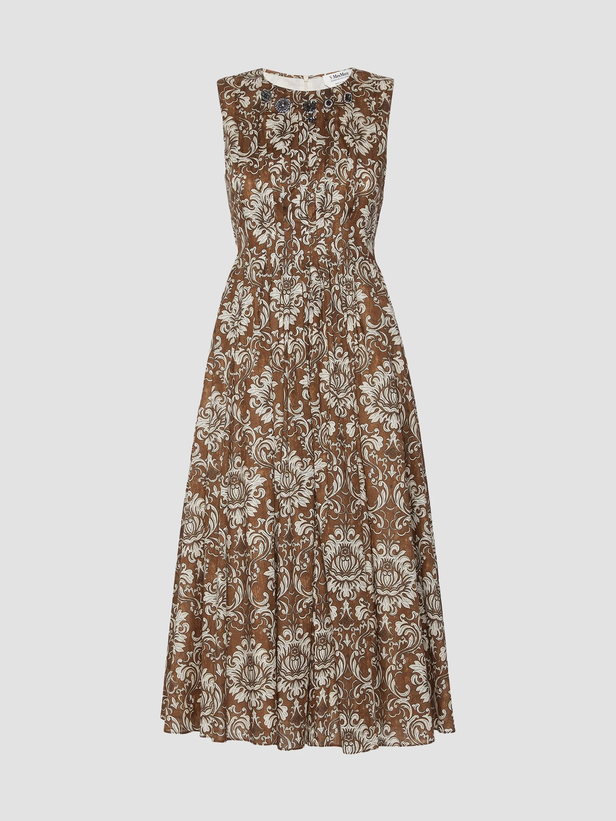 Women's Printed Cotton Voile Midi Dress - Brown Gold - 1