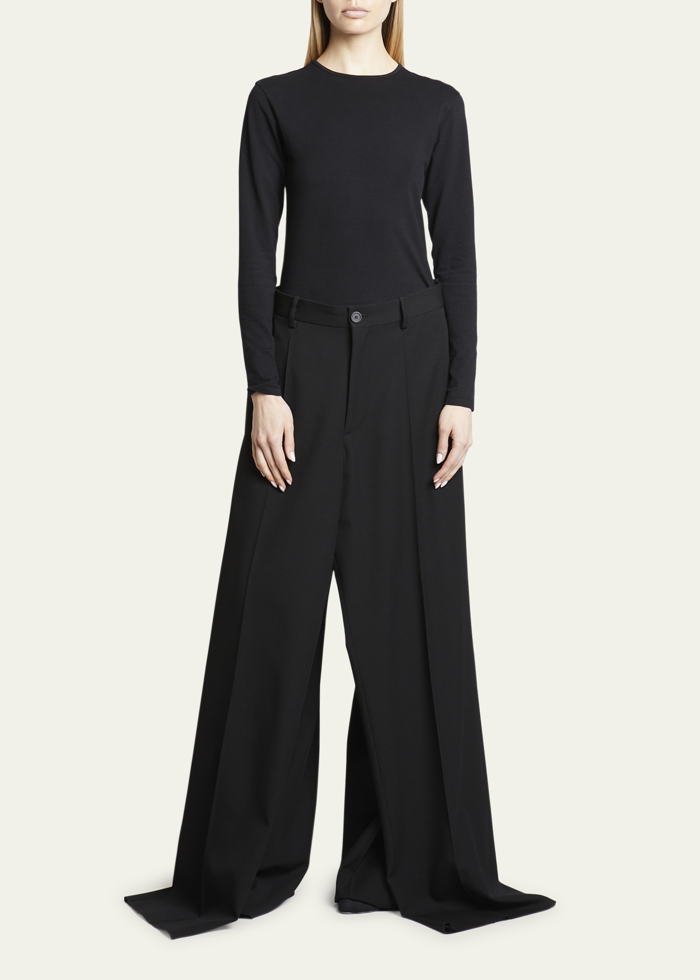 Double Front Wide-Leg Wool Pants - 2