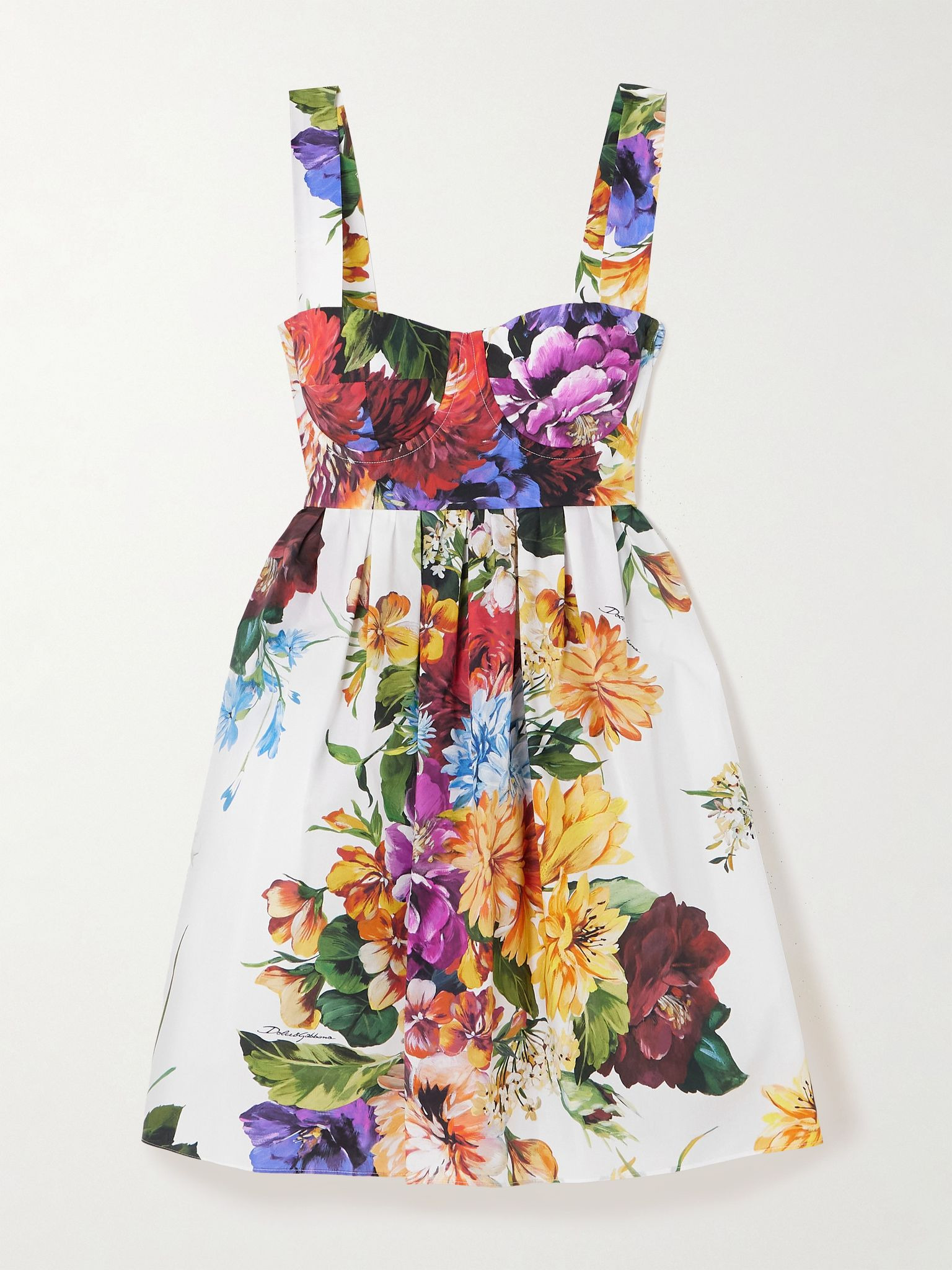 Shirred floral-print cotton-poplin bustier mini dress White - 1