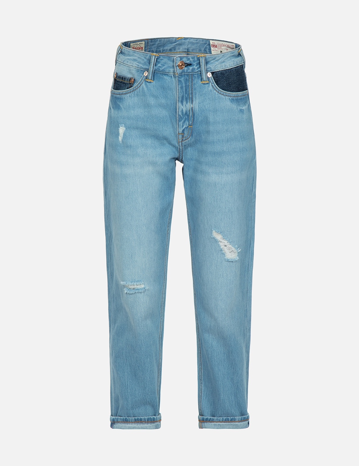 BRAND MOTTO PRINT FABRIC-BLOCKING BOYFRIEND JEANS - 1
