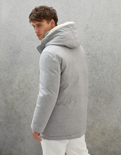 Brunello Cucinelli Wool, silk and cashmere bonded diagonal parka with down padding and shearling-lined hood outlook