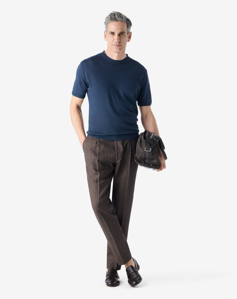 CORNELIANI Brown 2-dart chambray linen trousers outlook