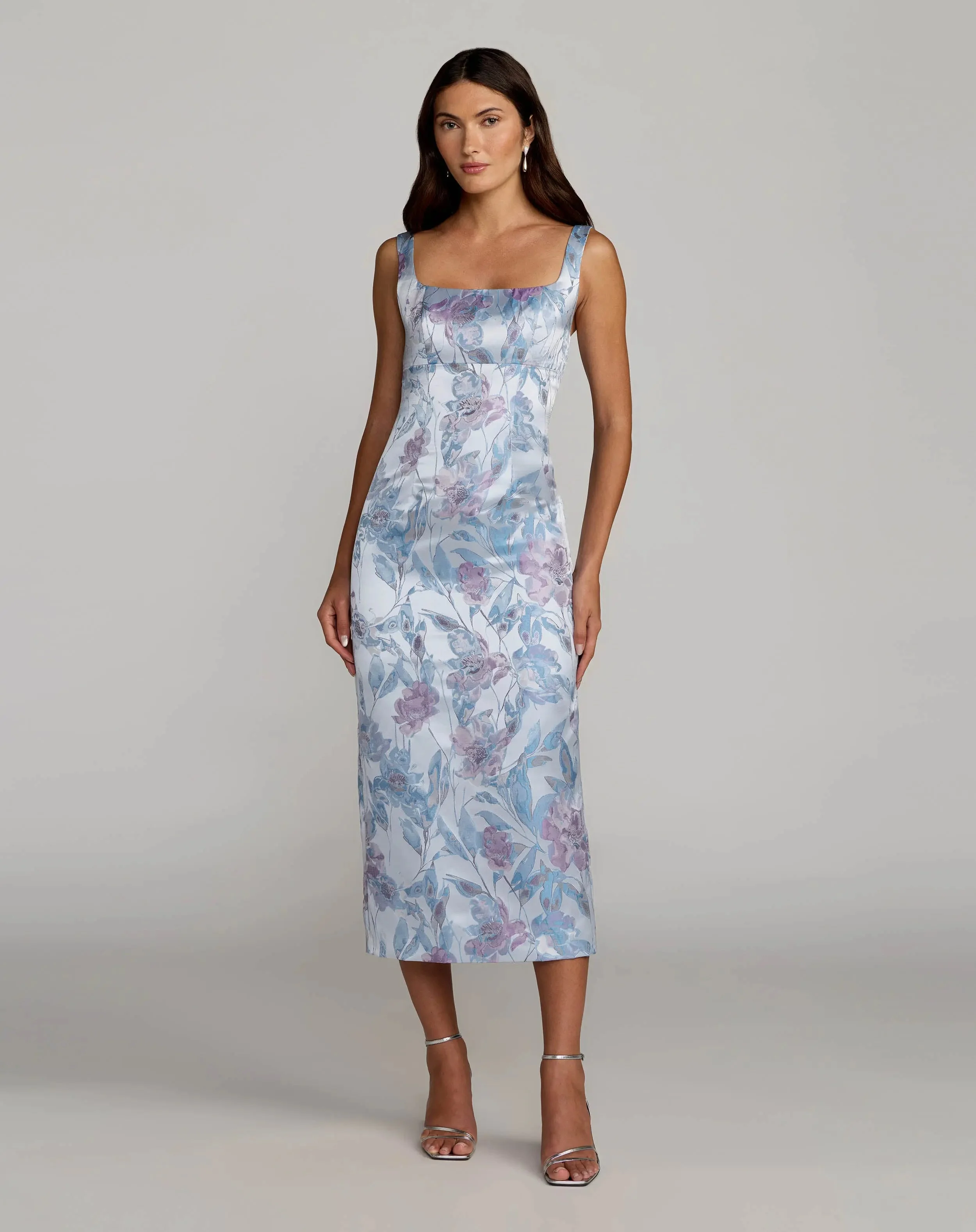 Blue Multi Floral Square Neck Midi Dress - 1