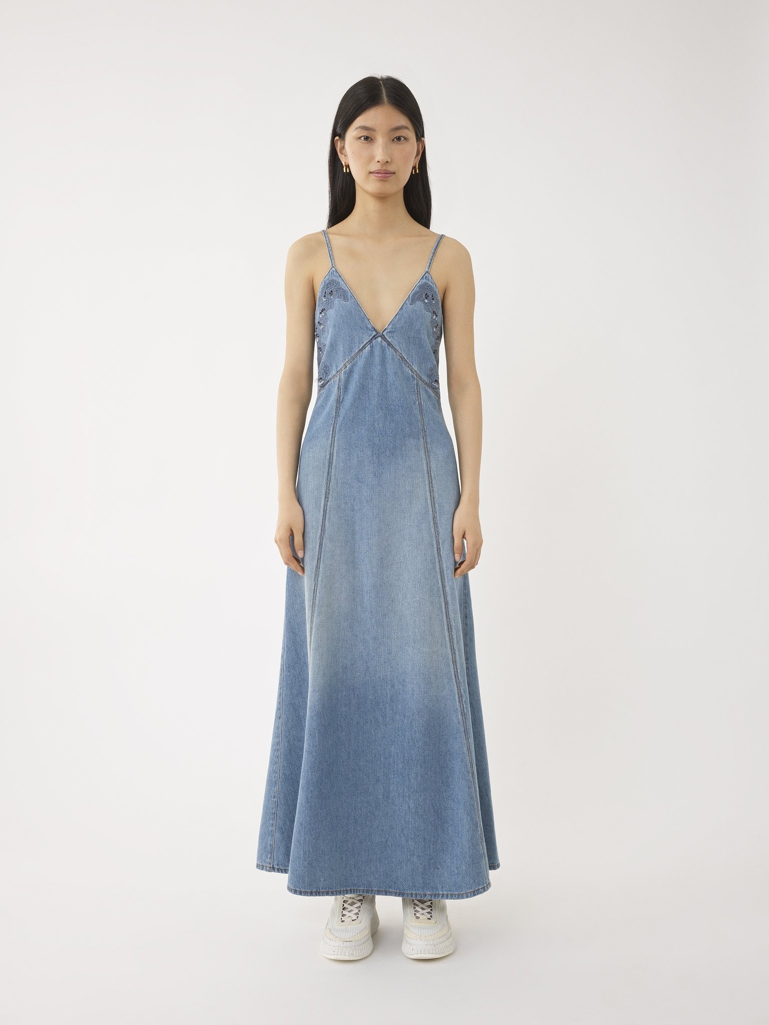 Chloé Denim Maxi Dress with Eyelet Embroidery