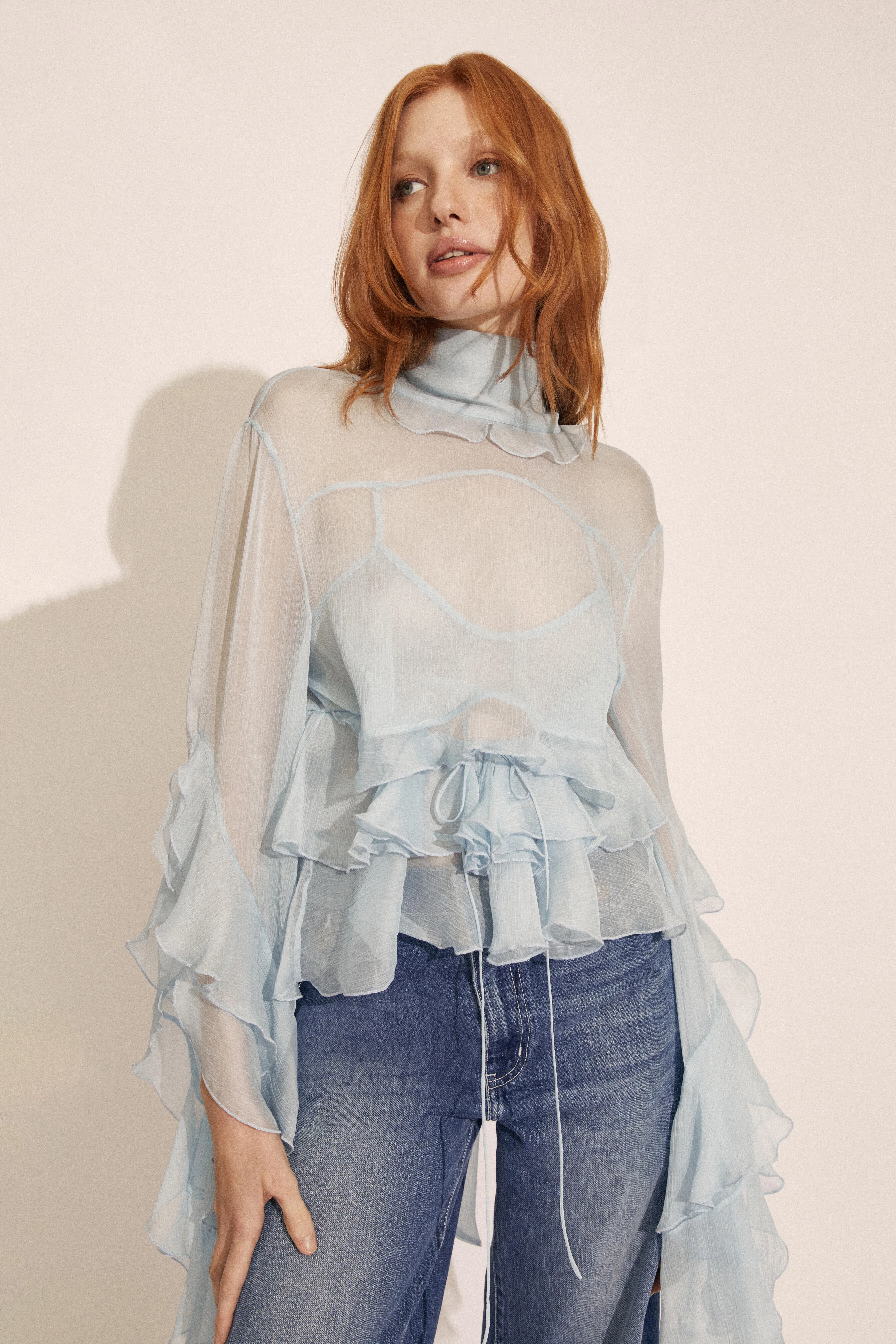 Anyssa Ruffle Blouse In Soft Blue - 1
