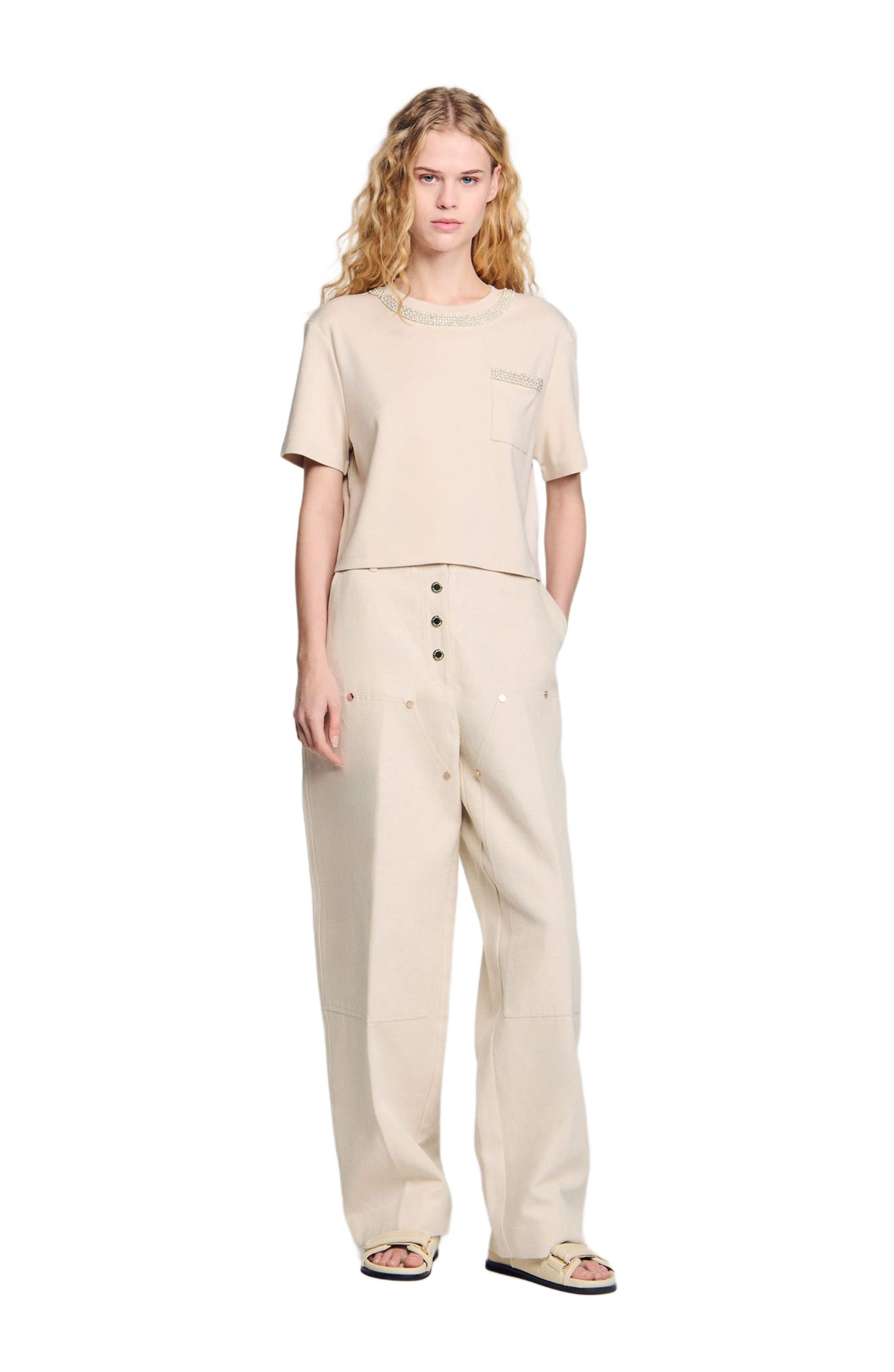 SANDRO T-shirt with rhinestone details in Beige at Nordstrom - 6