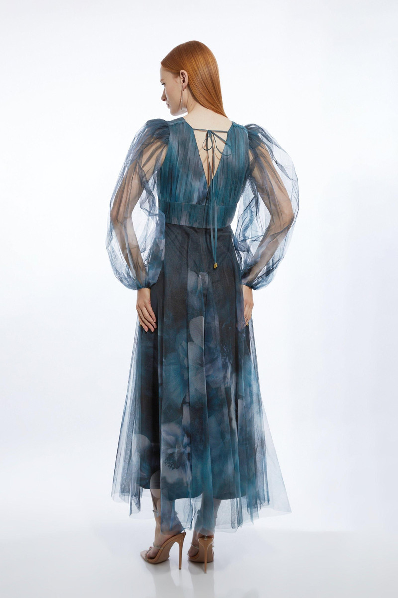 Blurred Floral Tulle Plunge Maxi Dress 6