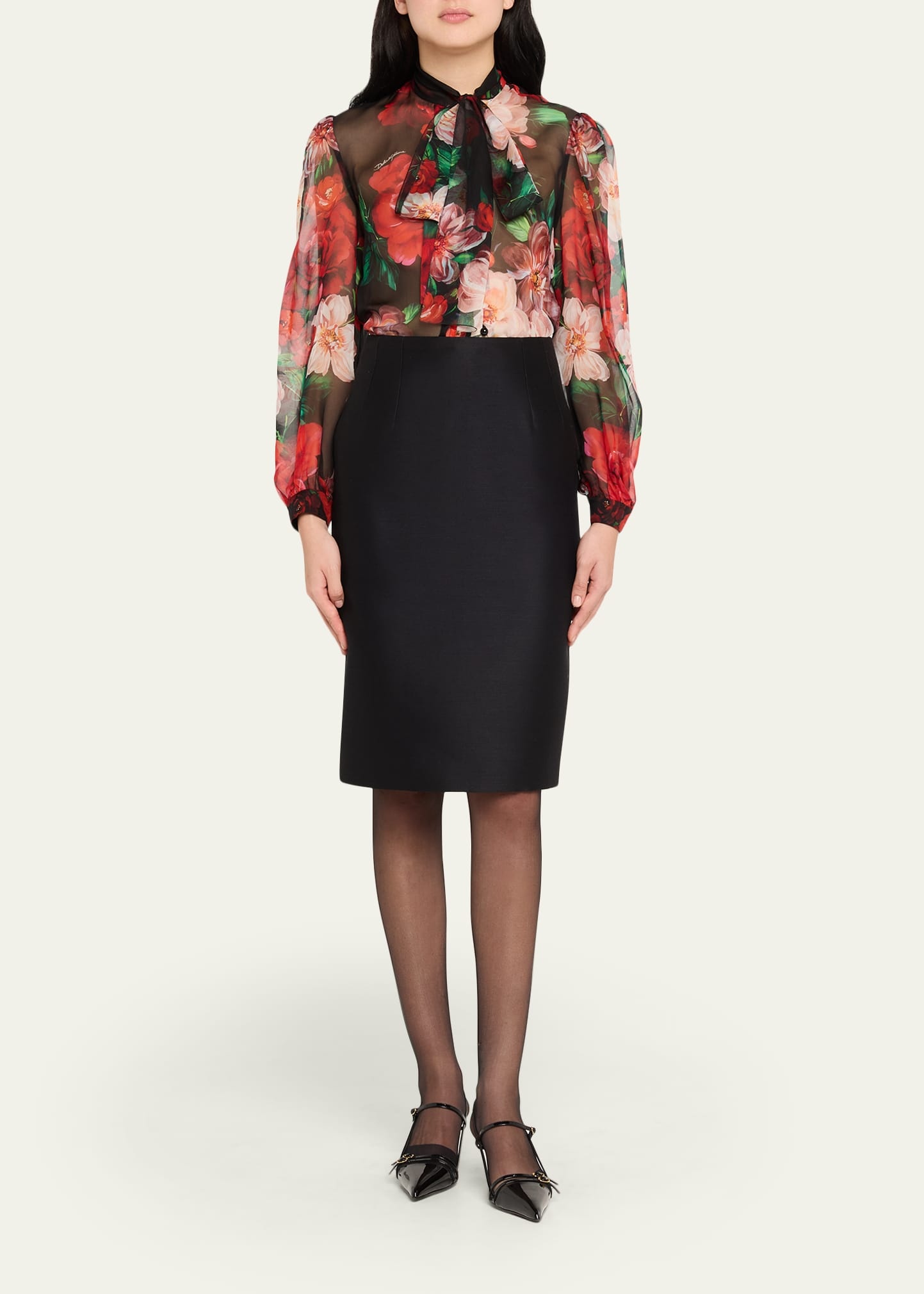 Rose Bouquet Chiffon Neck-Tie Blouse - 2
