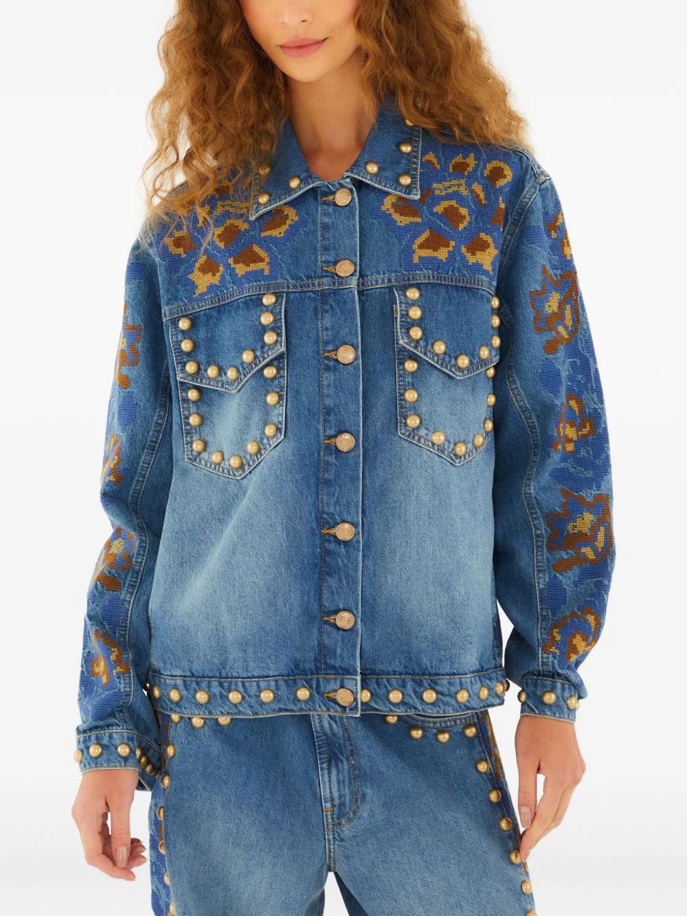 studded floral-embellishment jacket - 1