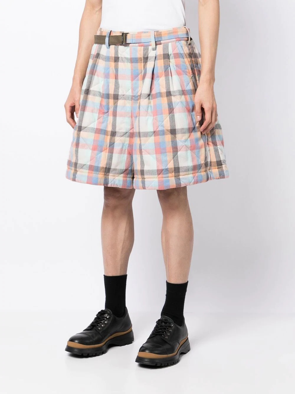 check-patter belted-waist shorts - 3