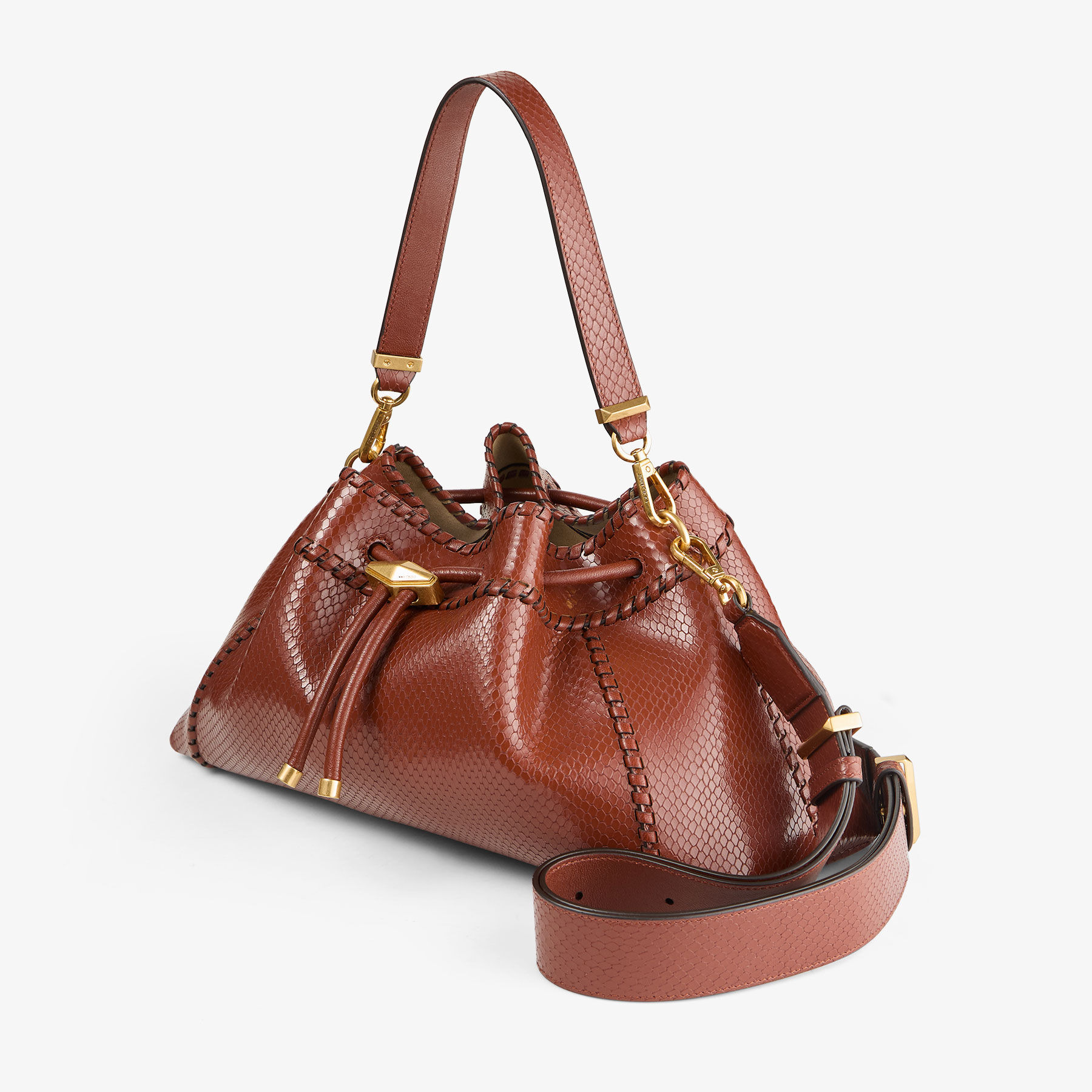 Cinch M
Cognac Elaphe Printed Leather Bucket Bag with Biker Leather Whipstitching - 3