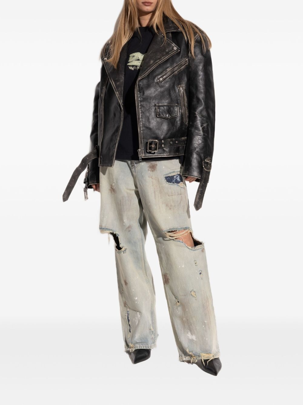 belted distressed leather jacket - 2