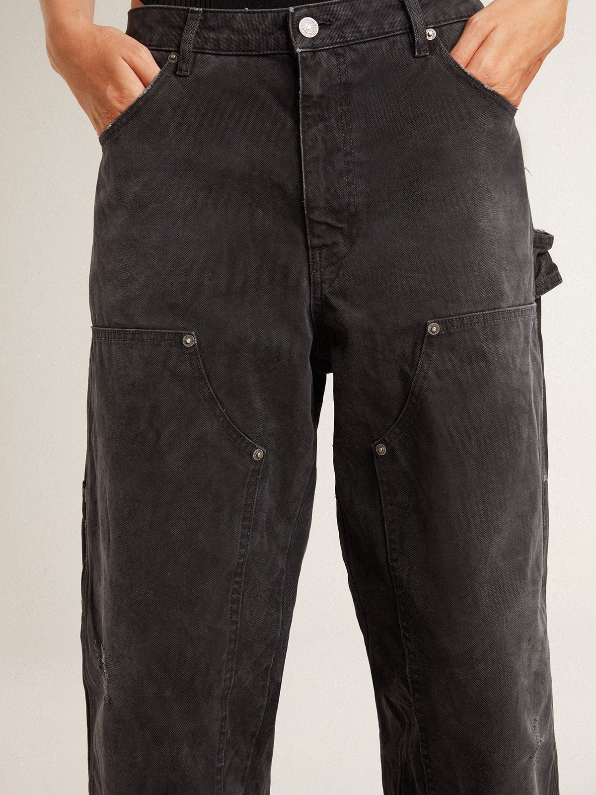 Women's distressed black cotton jeans with front patches - 5