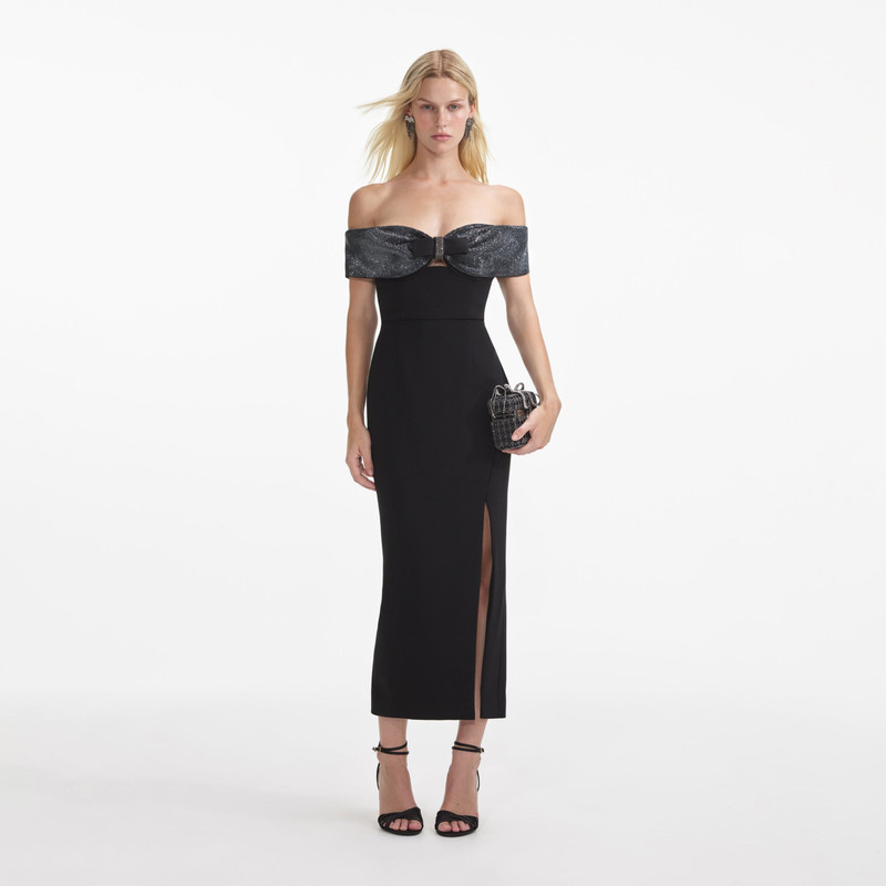 Black Crepe Bow Midi Dress - 1