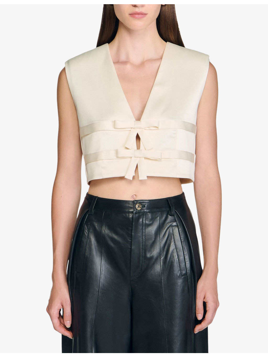 Tie-Front Sleeveless Cropped Satin Top - 3