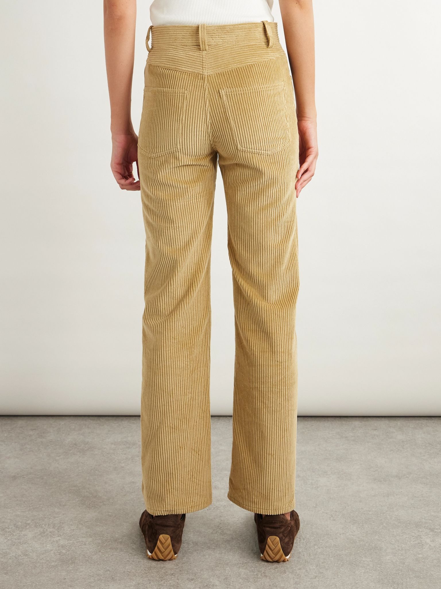 Leather-trimmed cotton-corduroy straight-leg pants Ecru - 4