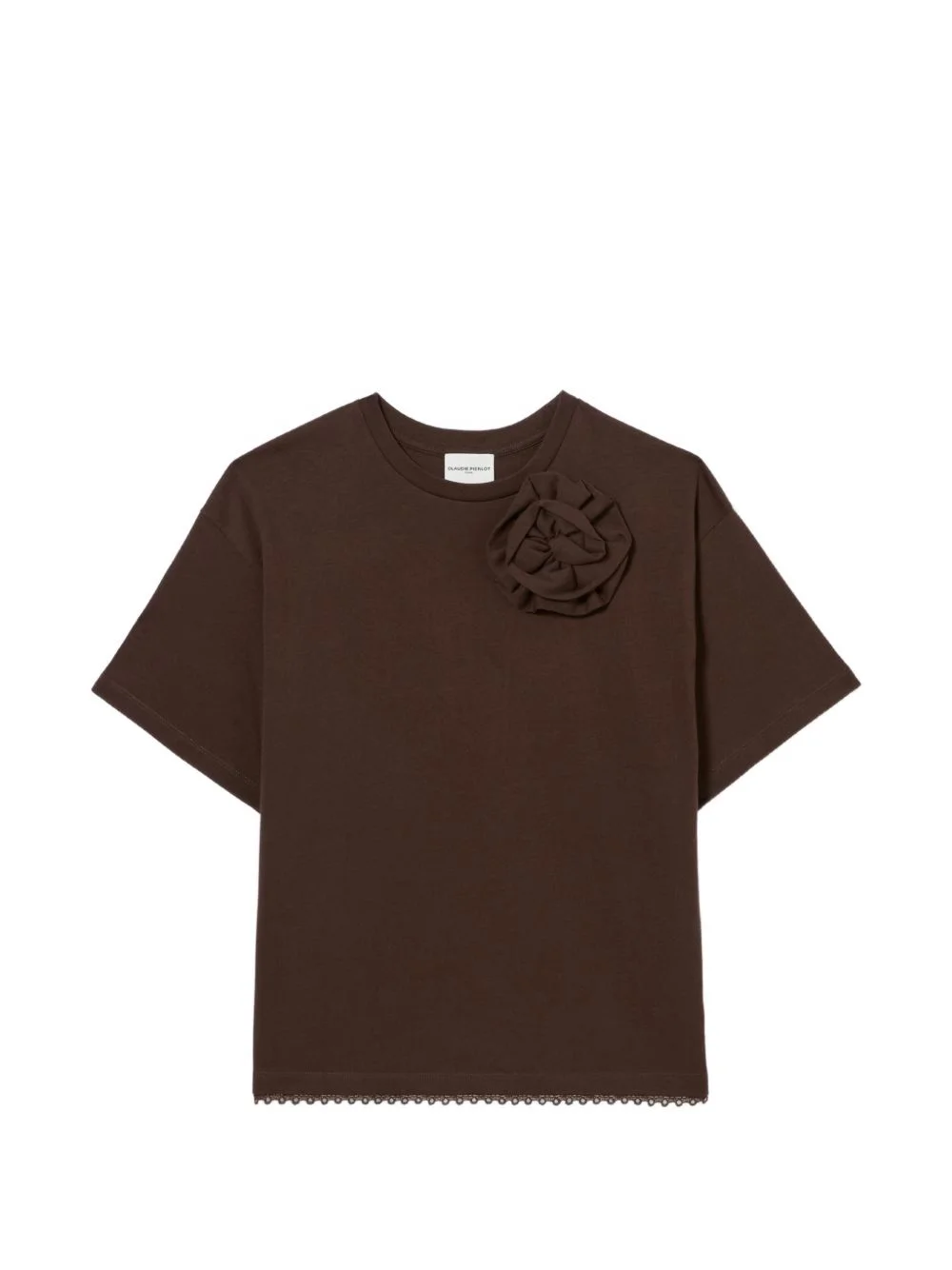 flower-appliqué lace-trim T-shirt - 1