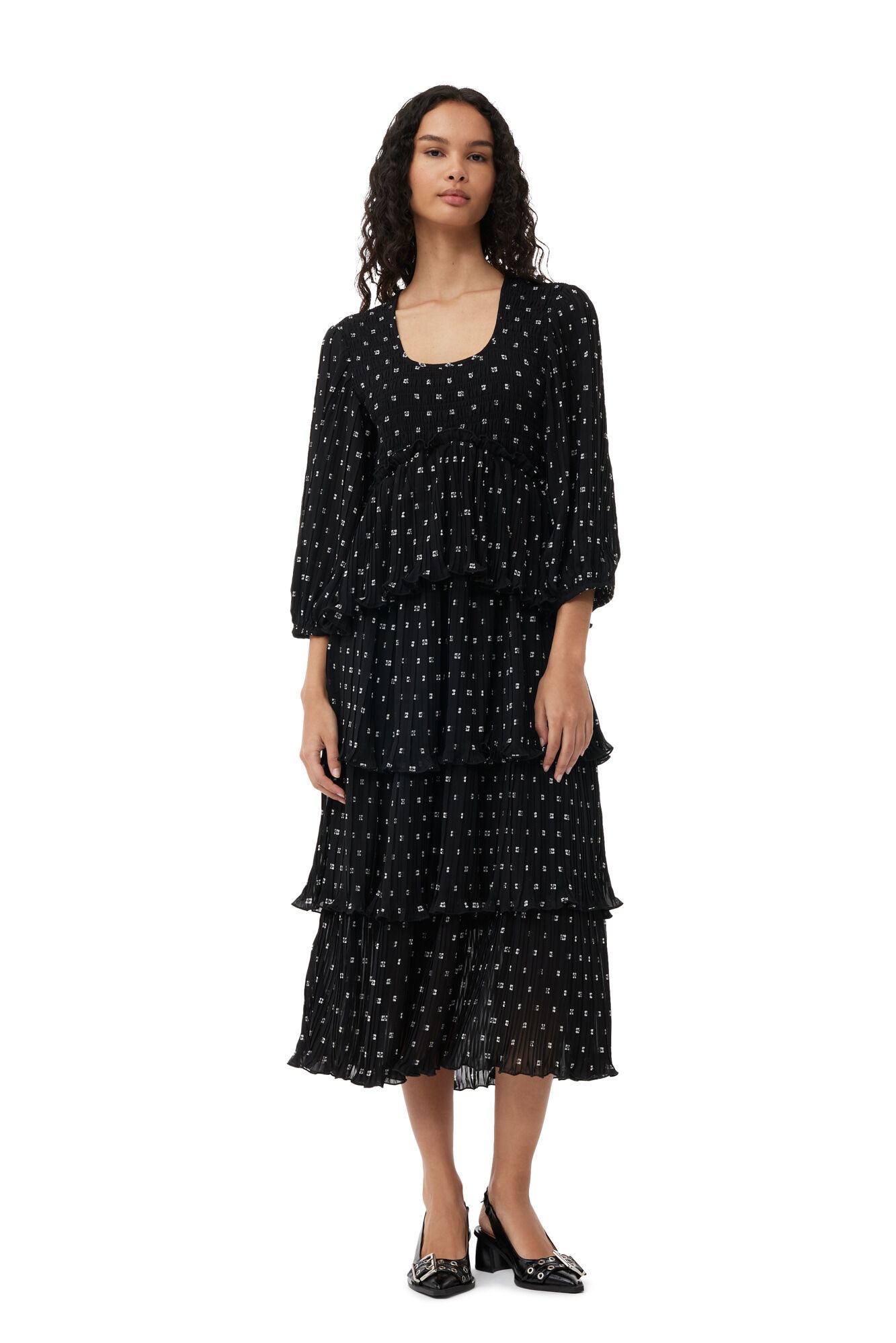 BLACK PLEATED GEORGETTE FLOUNCE SMOCK MIDI DRESS - 3