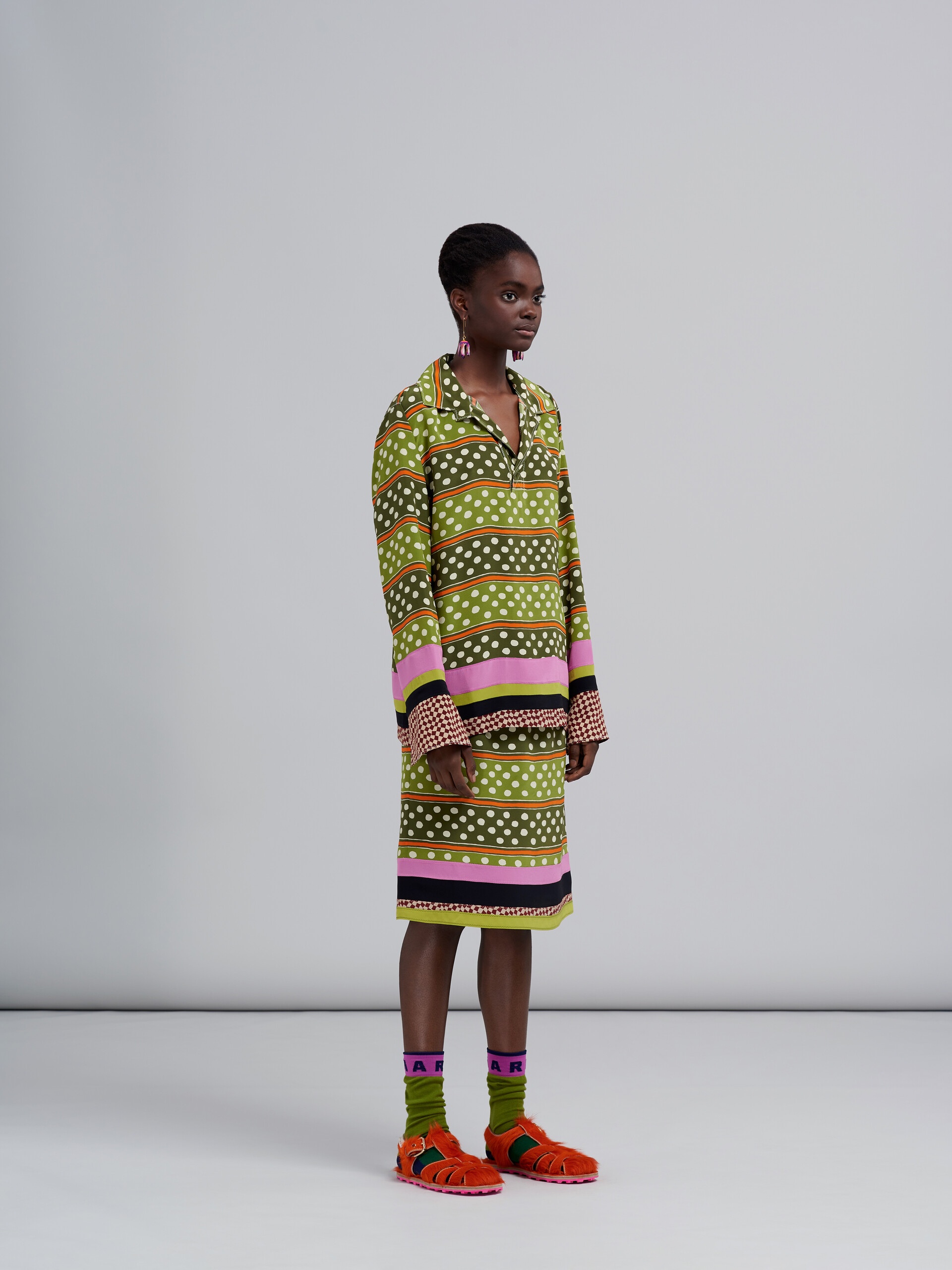 DOT & STRIPE PRINT SILK SKIRT - 5