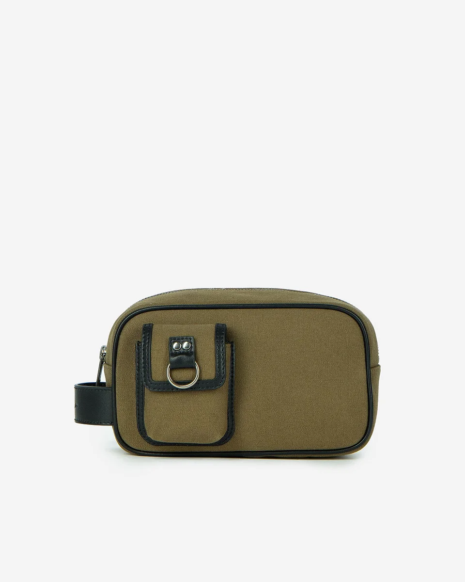 KHAKI CANVAS AND LEATHER CLUTCH BAG - 1