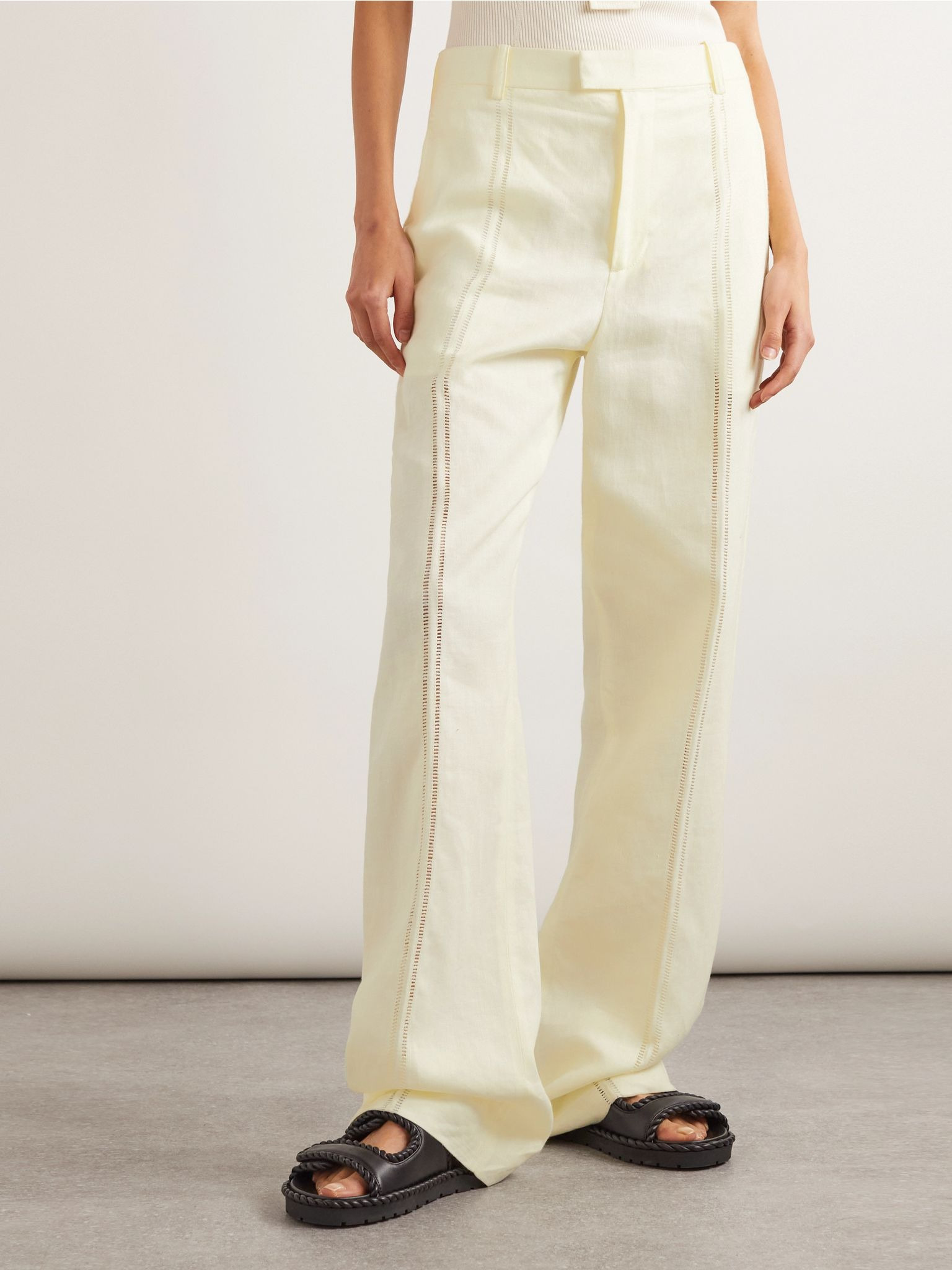 Embroidered linen straight-leg pants Cream - 3