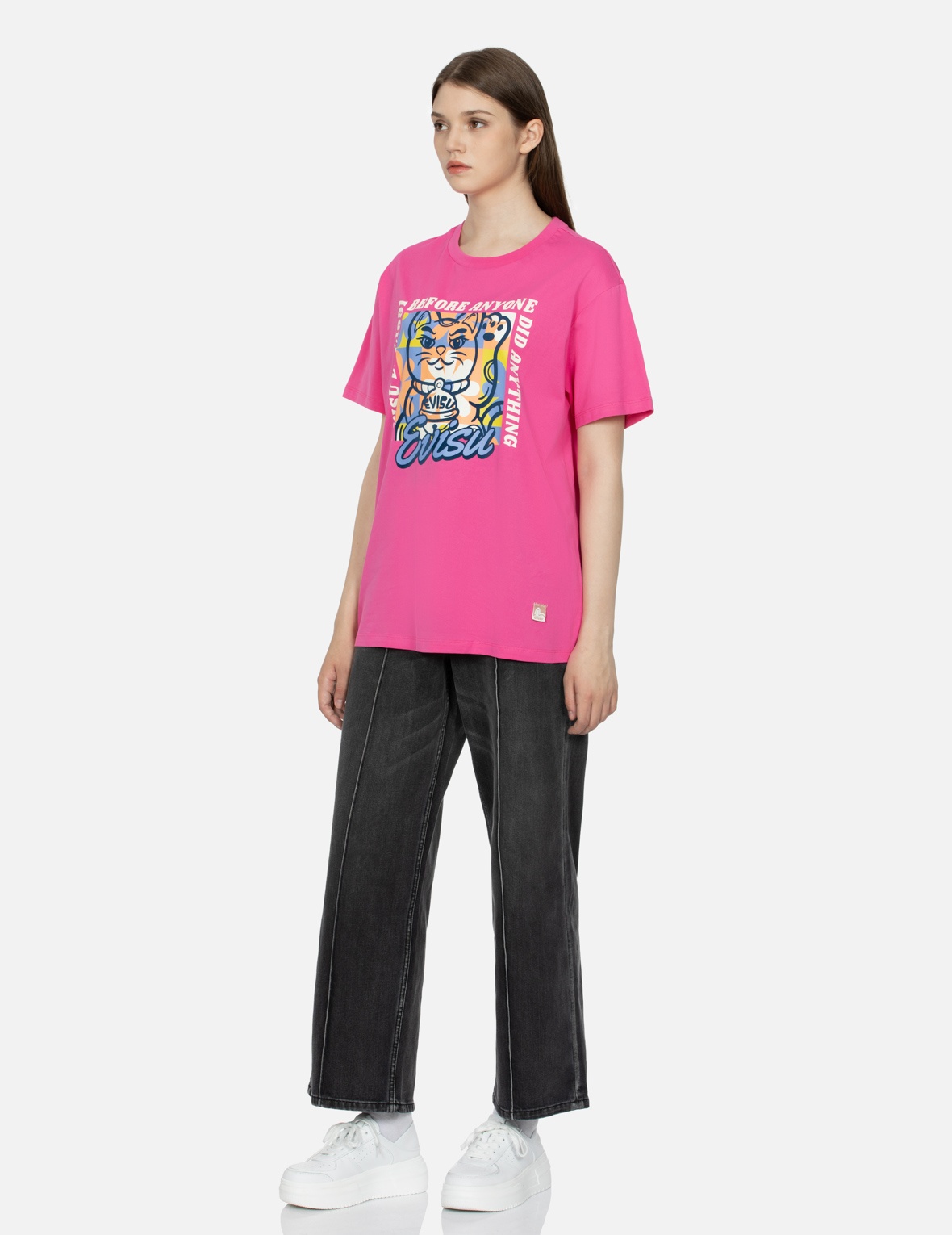 FORTUNE CAT FLOCKING WITH SLOGAN PRINT BOYFRIEND T-SHIRT - 3