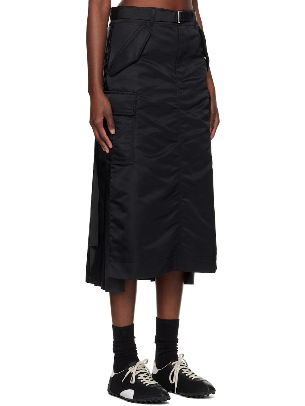 Black Nylon Twill Midi Skirt - 2