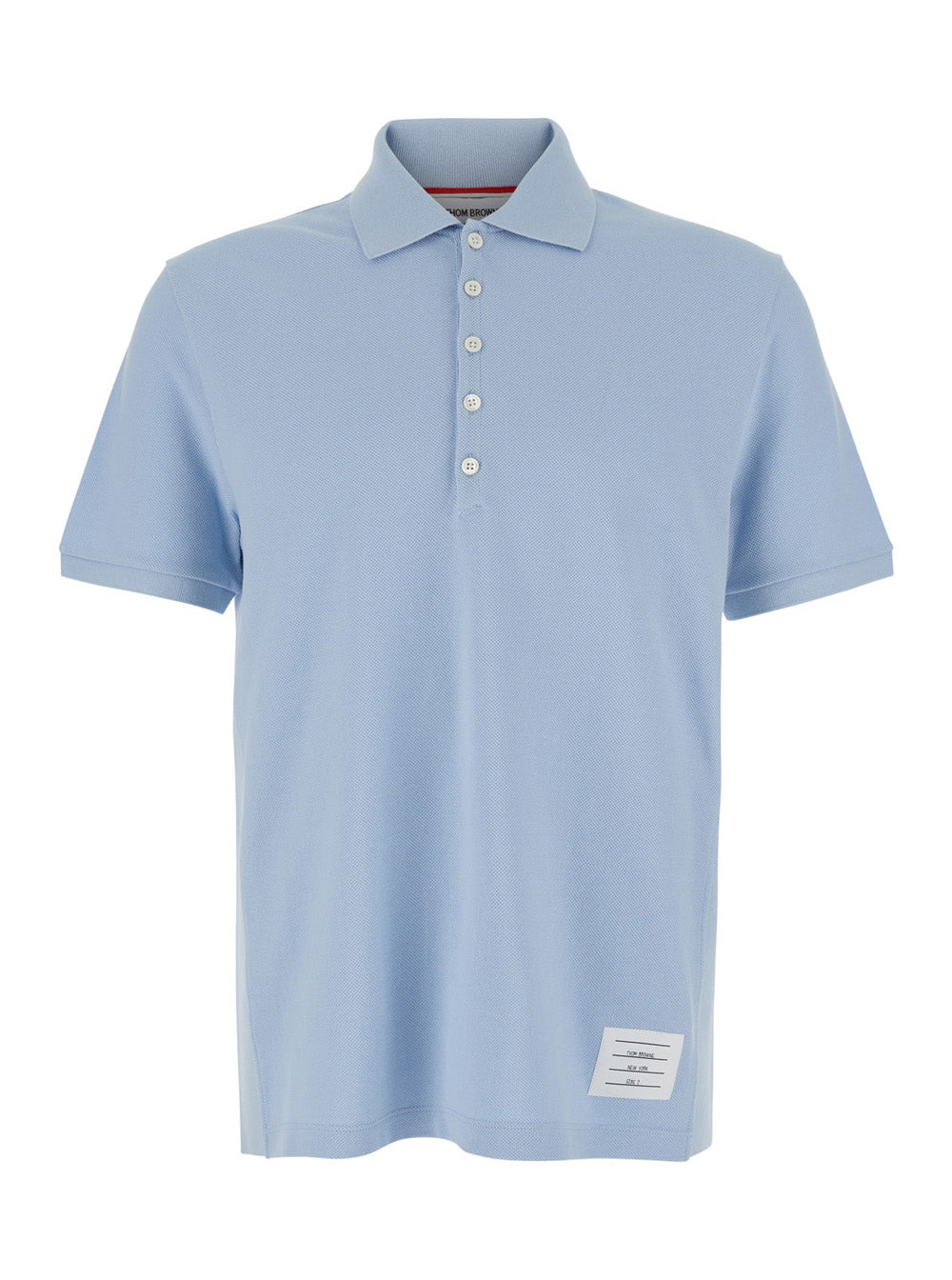 Thom Browne Men Light Blue Polo Shirt With Four Stripe Detail And Logo Patch On The Front In Cotton  - 1