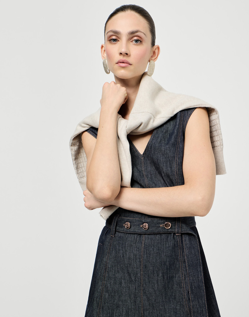 Cotton denim-effect twill flared dress with belt and monili 5