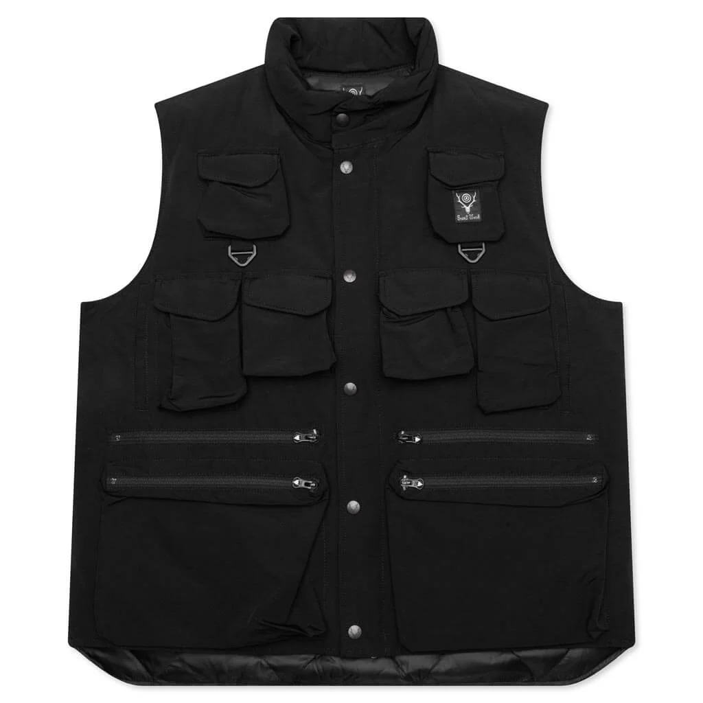 MULTI-POCKET ZIPPED DOWN VEST - BLACK - 1