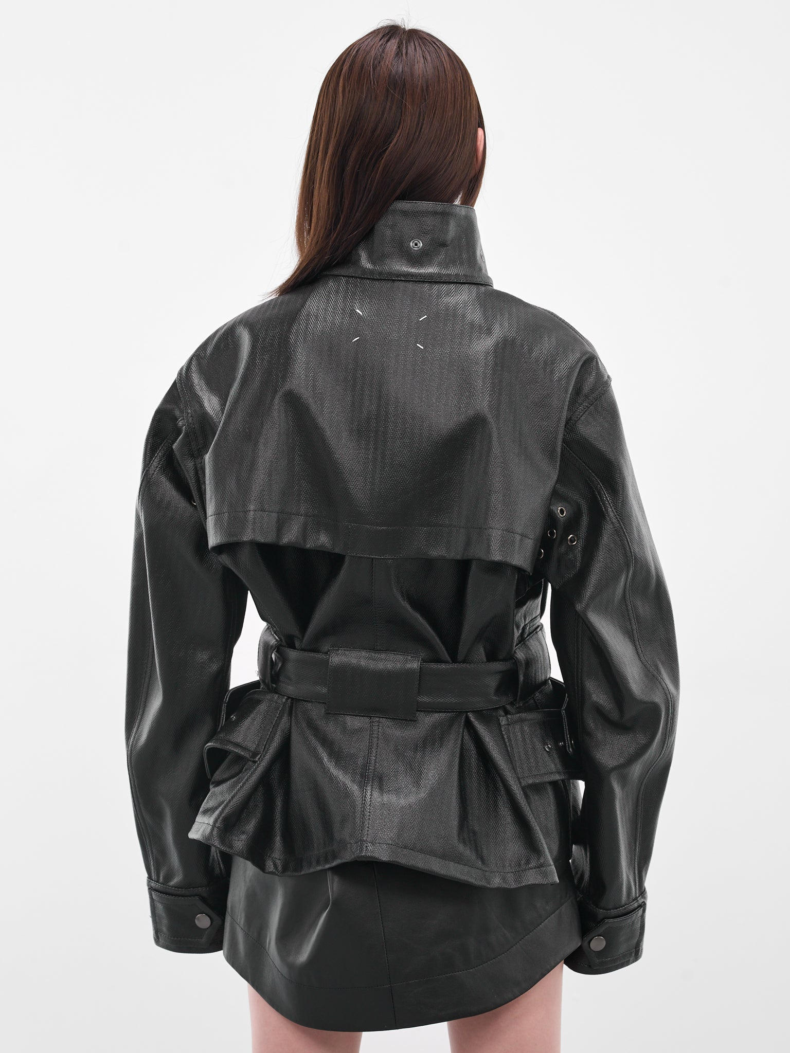 Black Laminated Cotton Belted Jacket - 3