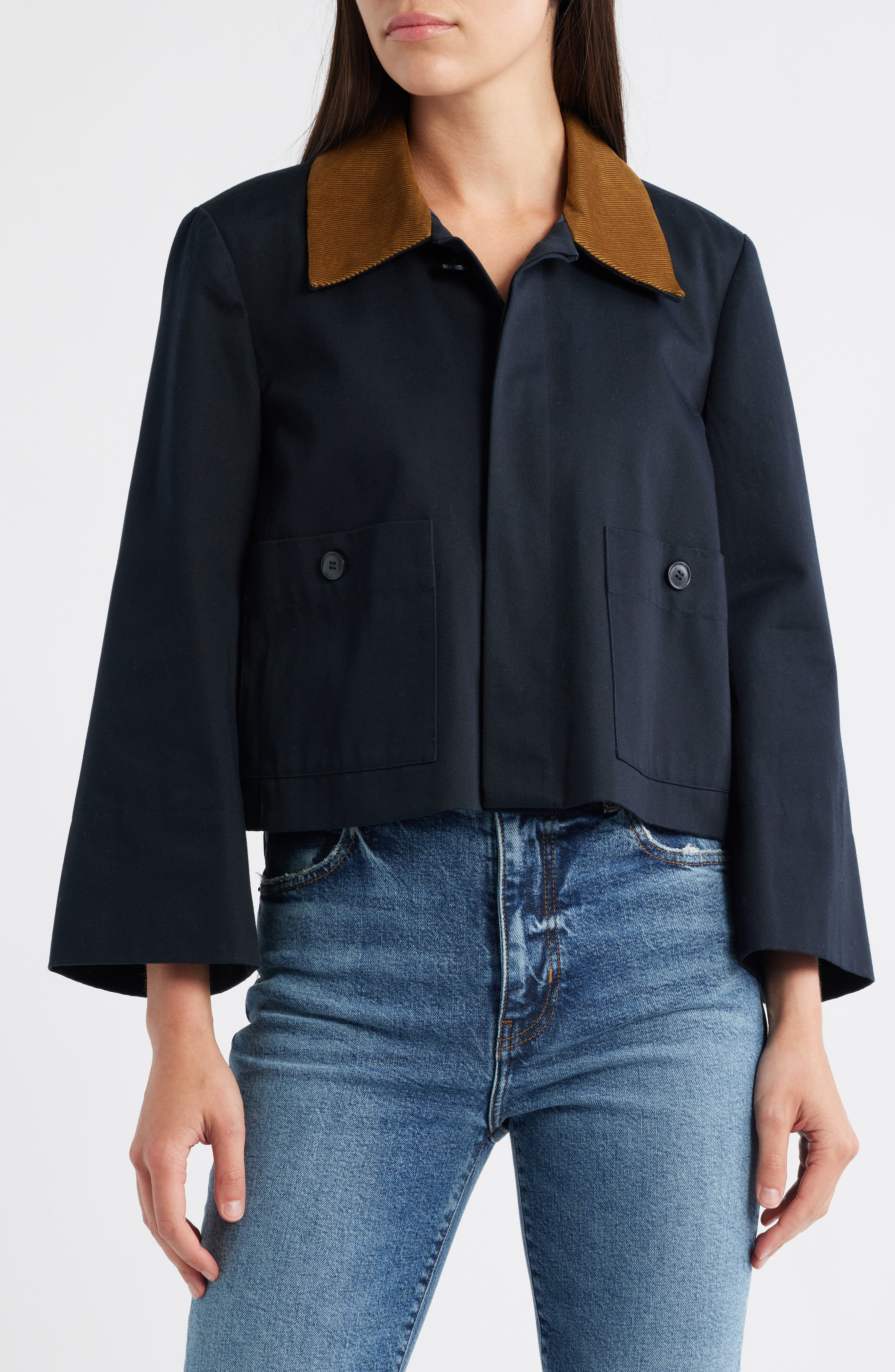 FRAME Corduroy Collar Crop Jacket in Navy at Nordstrom - 4