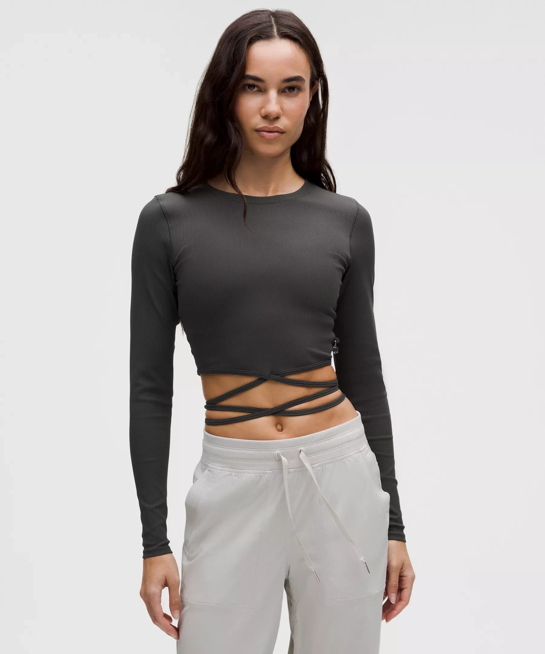 Logo Charm Ribbed Waist-Tie Long-Sleeve Shirt - 1