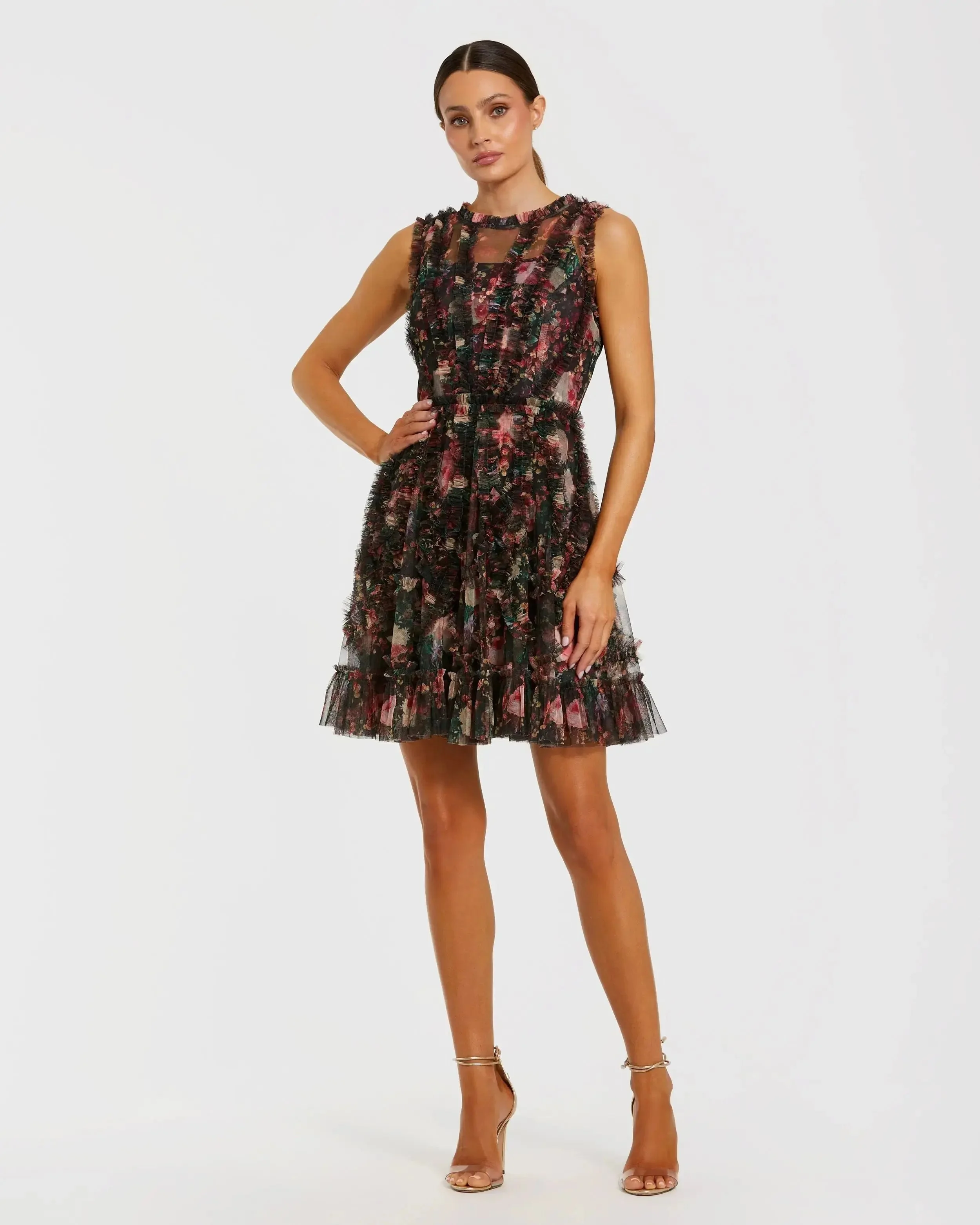 Black Multi Micro Ruffle Floral A-Line Mini Dress - 1