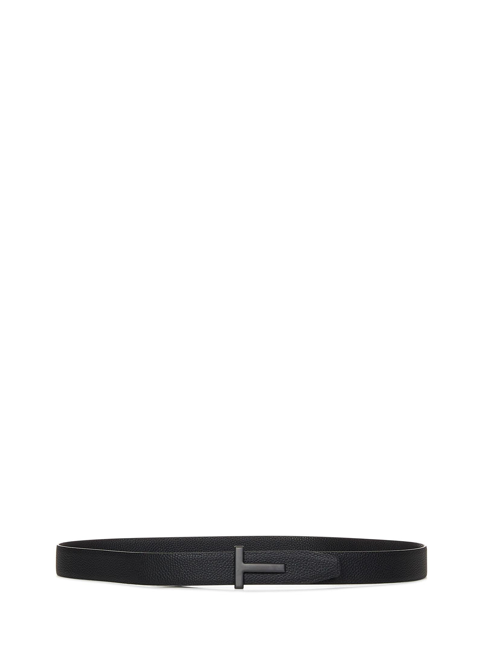 Black grained calfskin belt with matt black metal T-buckle. - 1