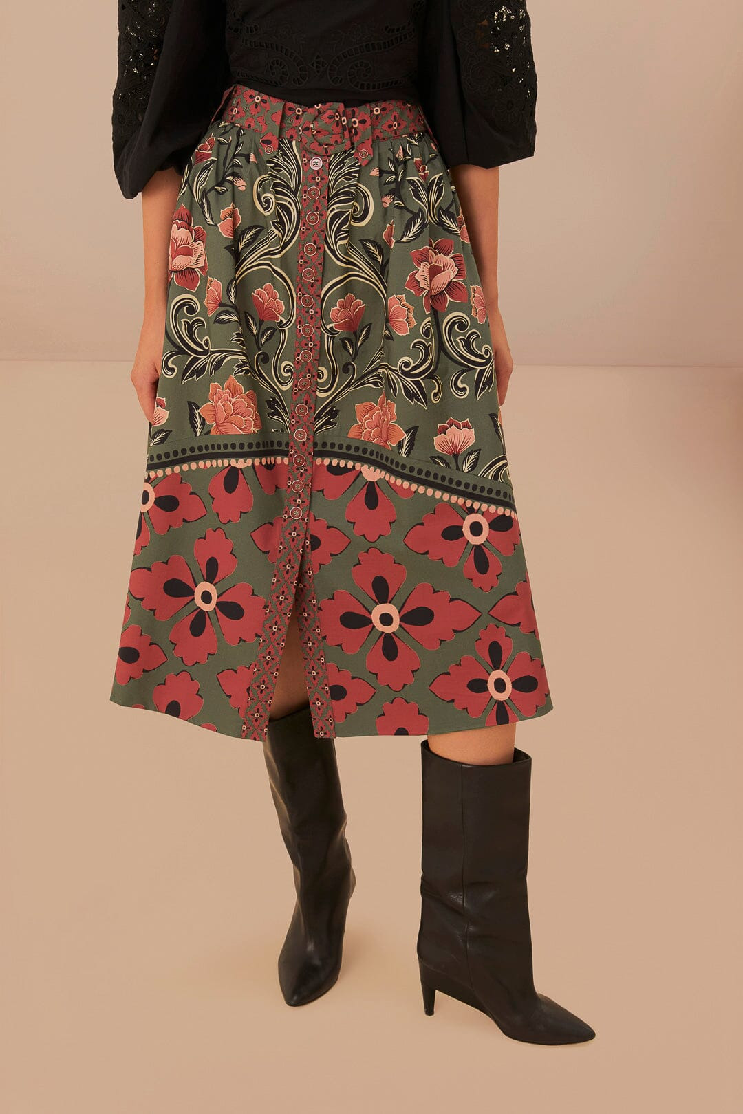 Arabesque Floral Green Buttons Midi Skirt - 2