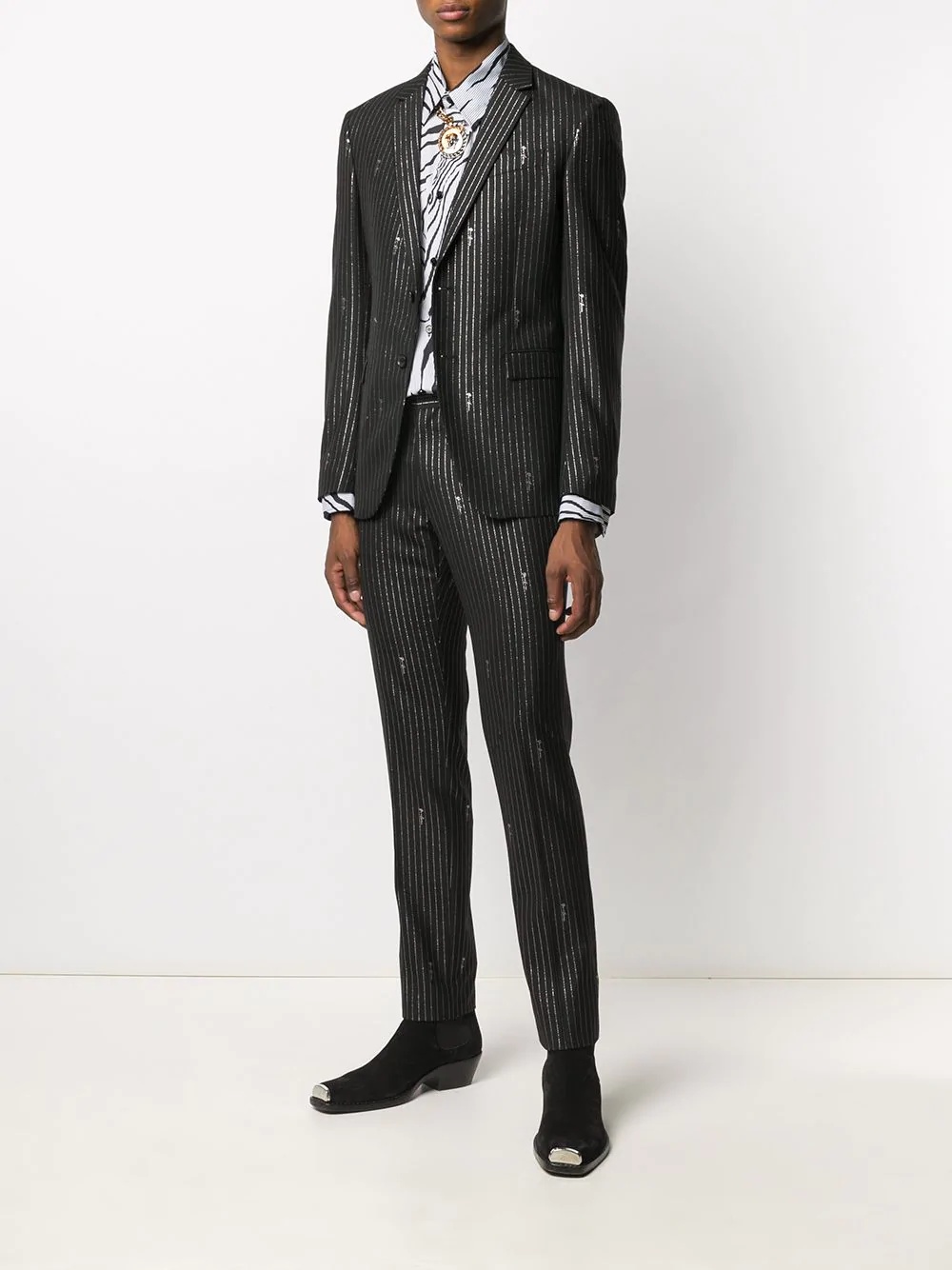 pinstripe signature embroidered suit - 2