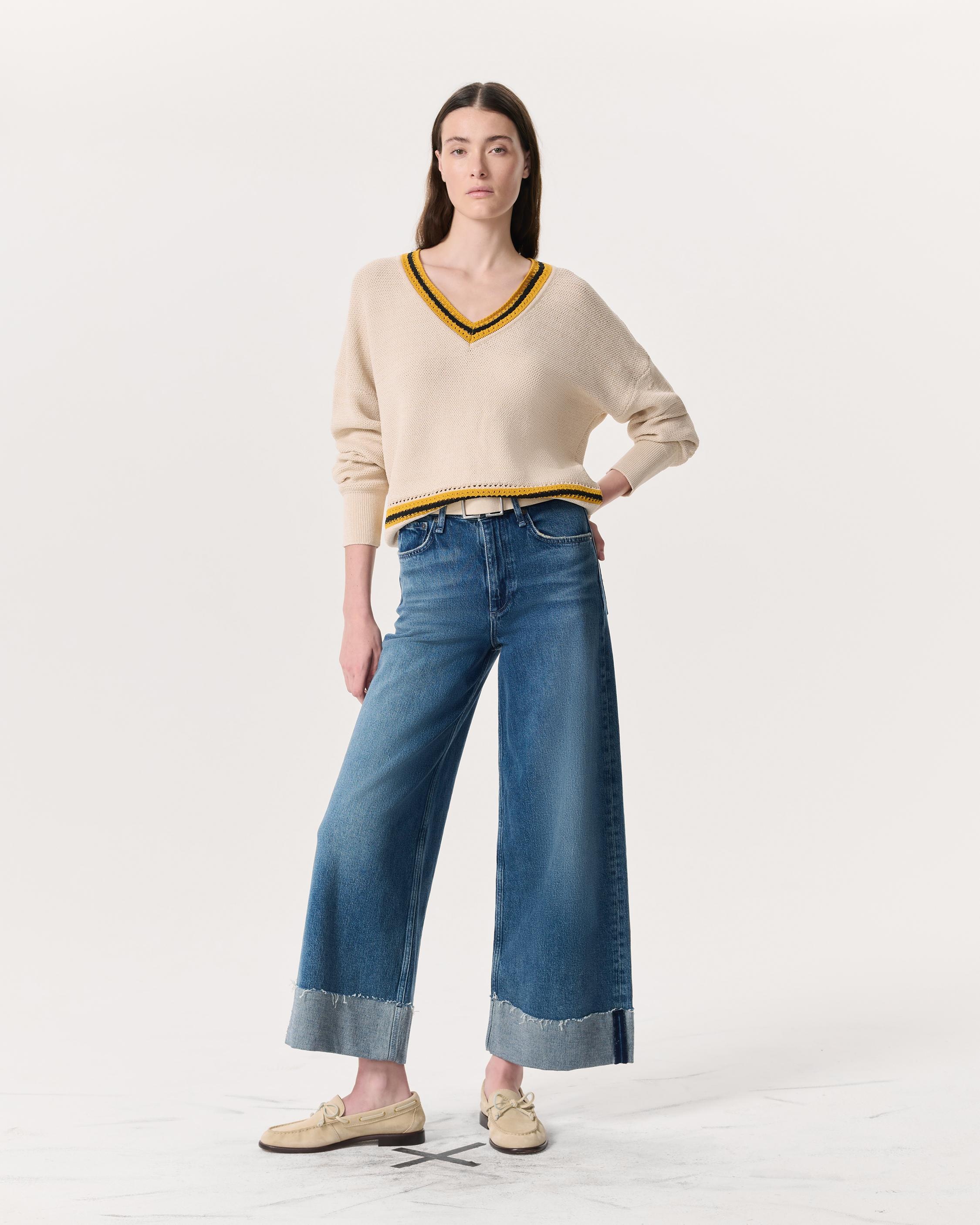 Meghan Striped Crochet-Trim V-Neck Sweater - 6
