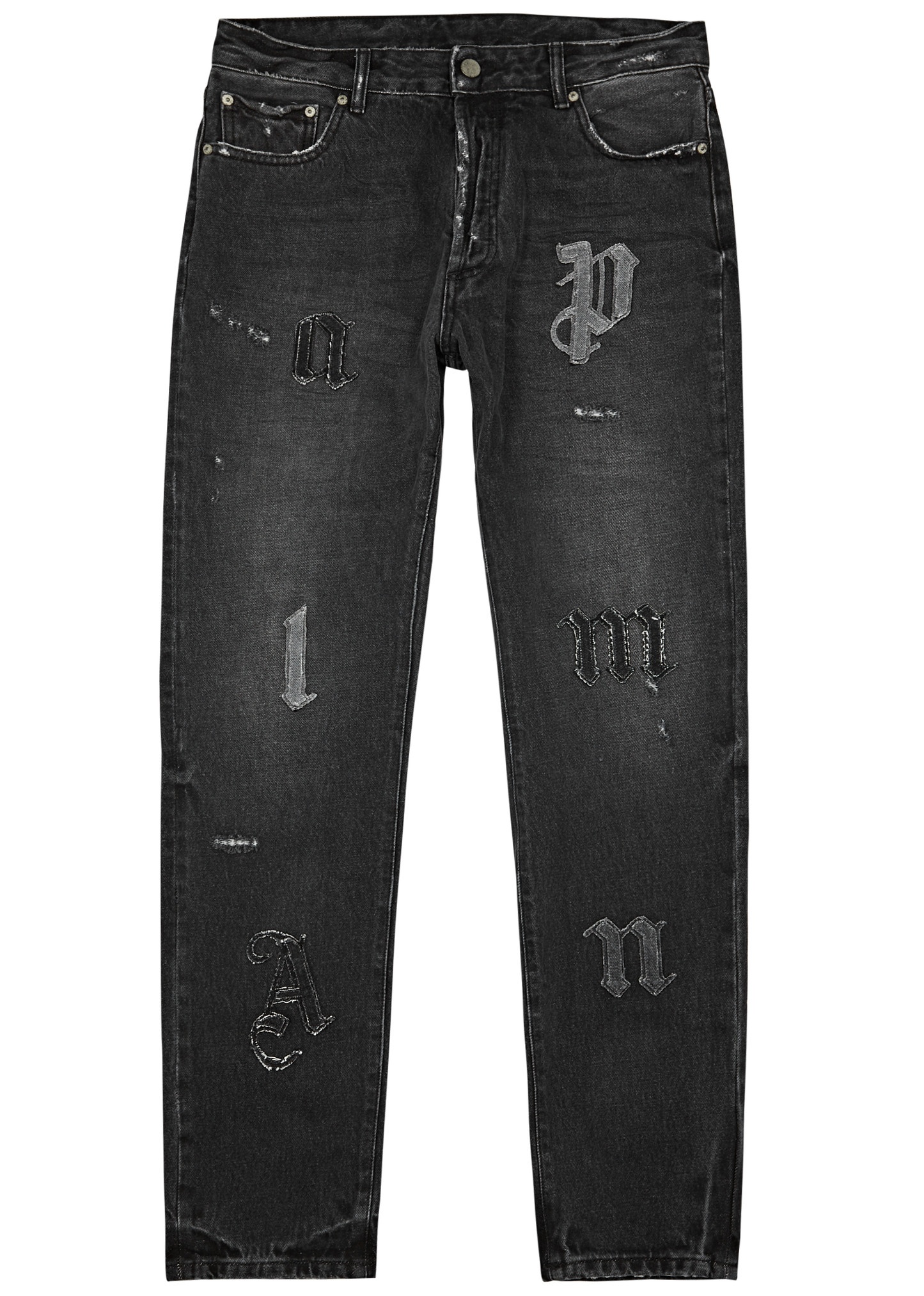 Logo-appliquéd distressed slim-leg jeans - 1