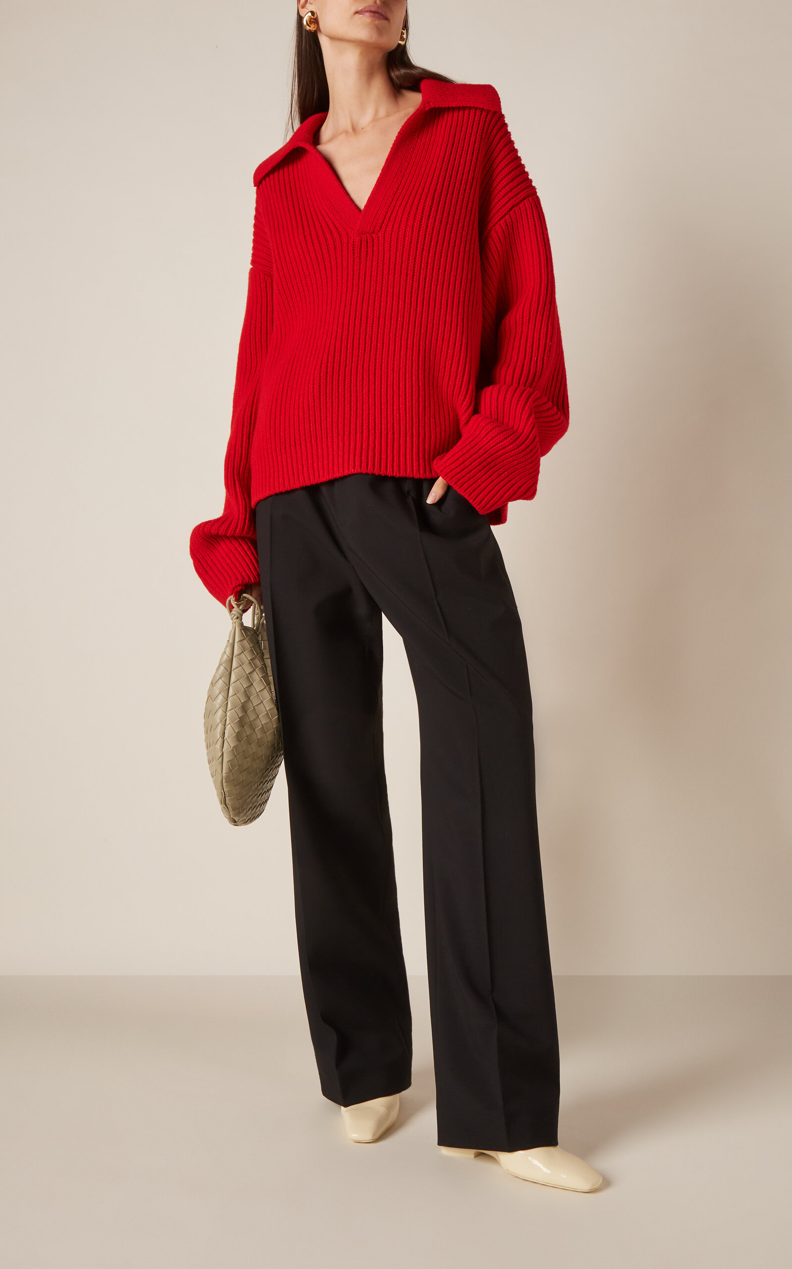 Ribbed-Knit Wool Polo Sweater red - 3