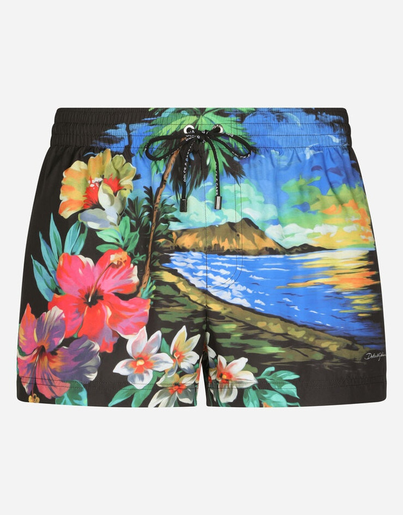 Short swim trunks with Hawaiian print 1