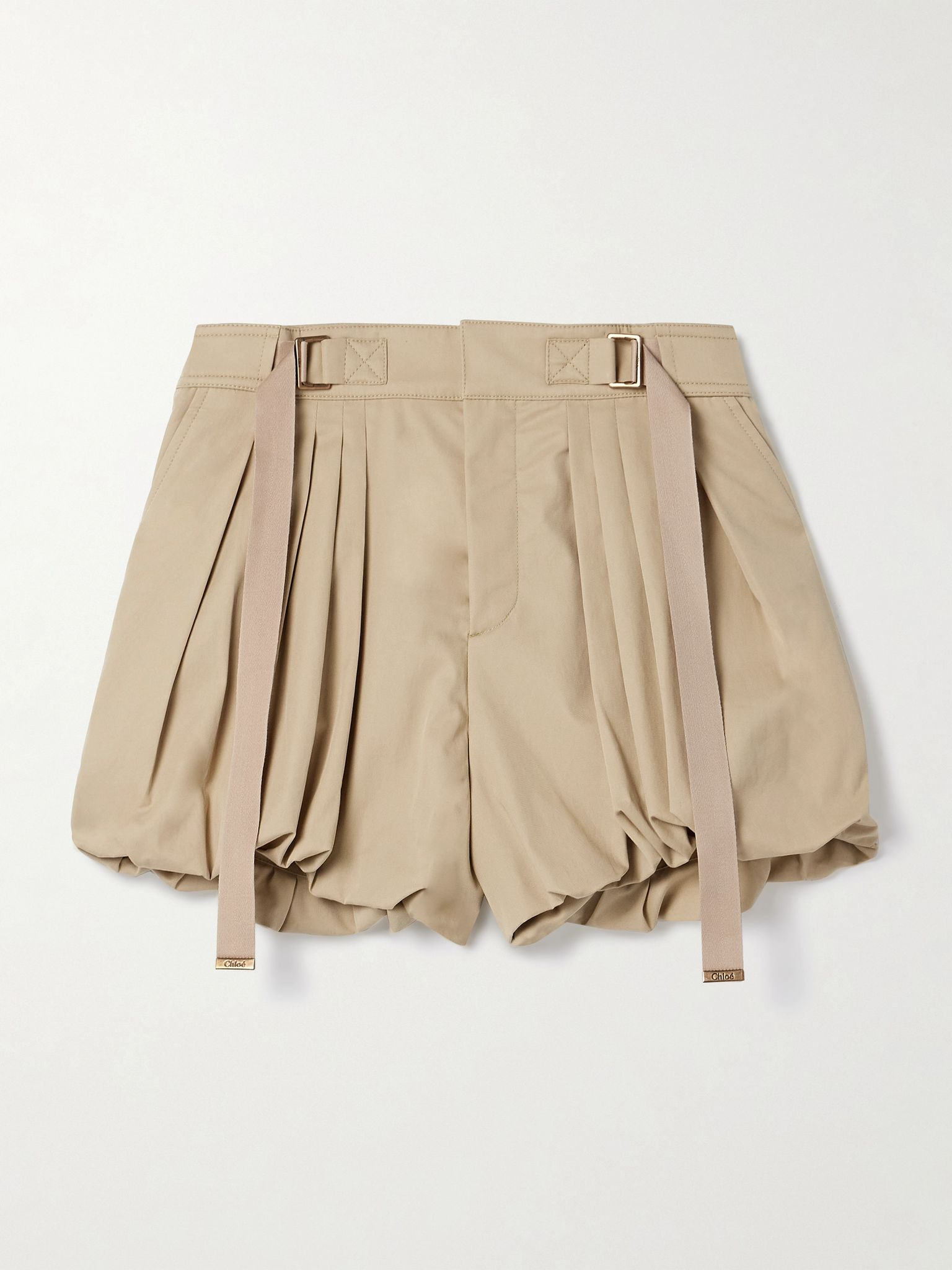 Embroidered buckled pleated cotton-poplin shorts Beige - 1