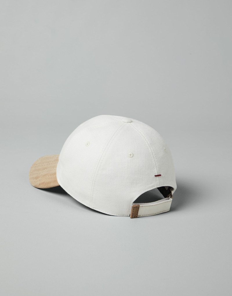 Brunello Cucinelli Denim-effect linen and suede baseball cap with embroidery outlook