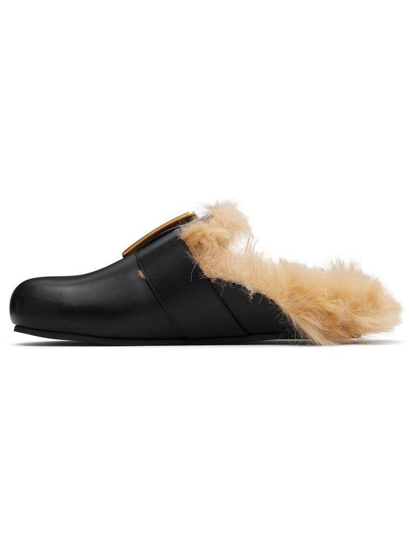 Balmain Black Flat Leather & Faux Fur Mule Loafers outlook