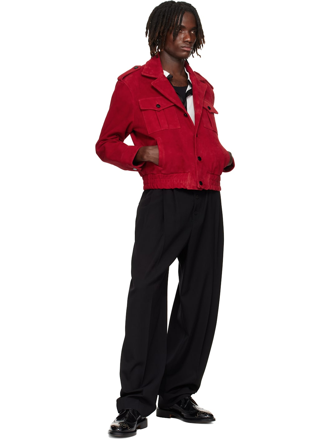 Red Military Suede Bomber Jacket - 4