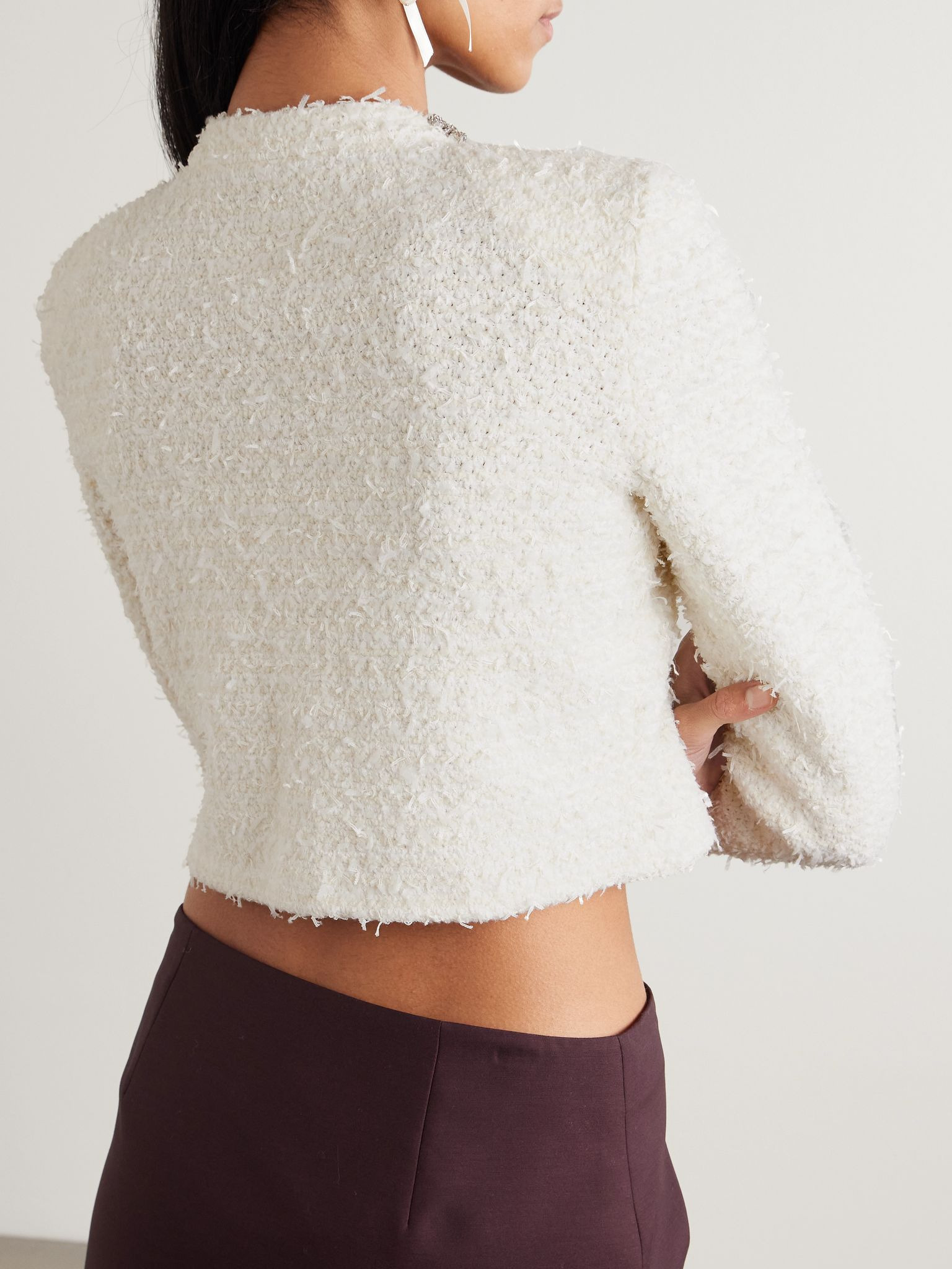 Cropped crystal-embellished cotton-blend bouclé cardigan Cream - 3